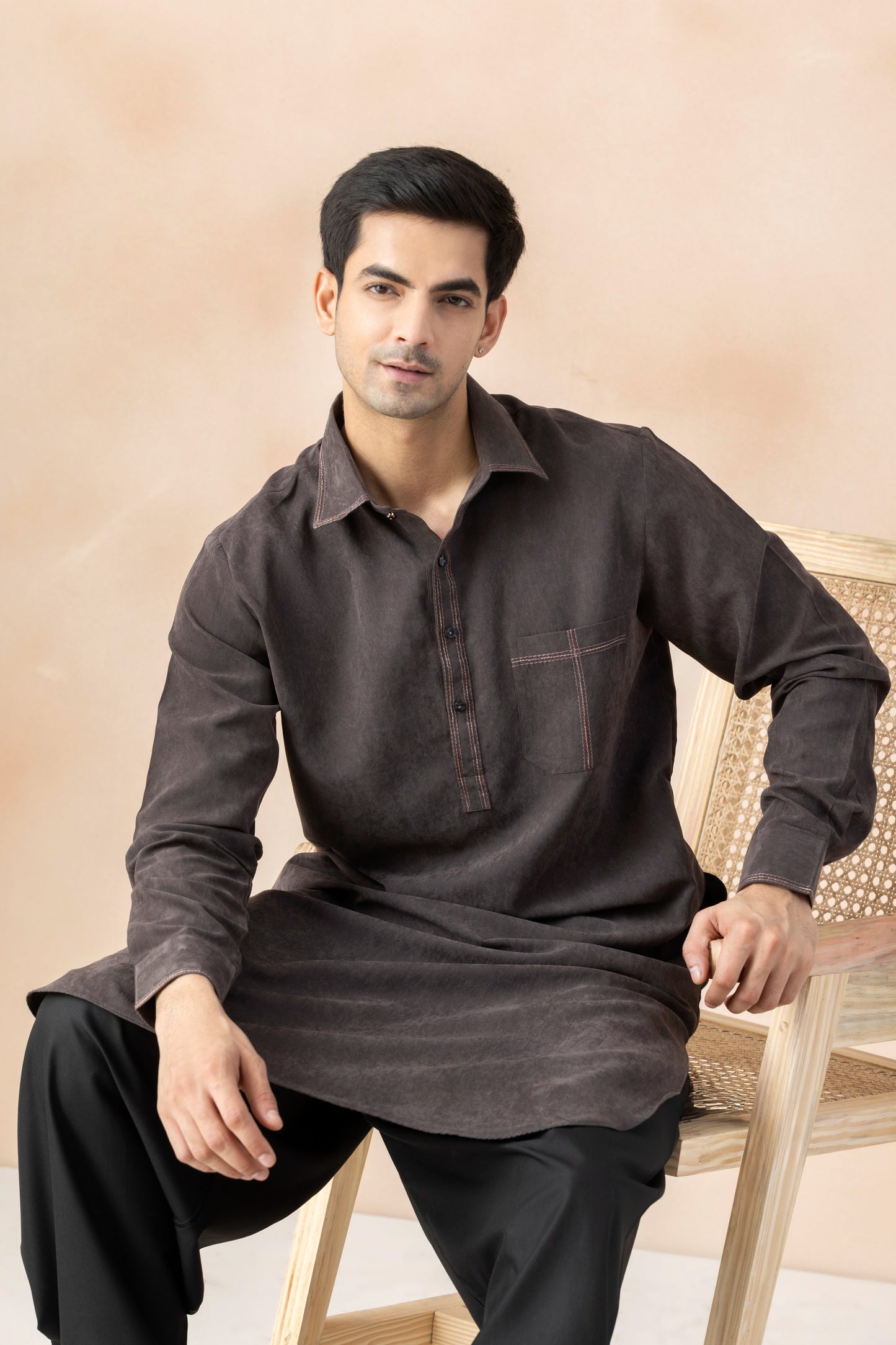 Charcoal Brown Suede Pathani Set for Men