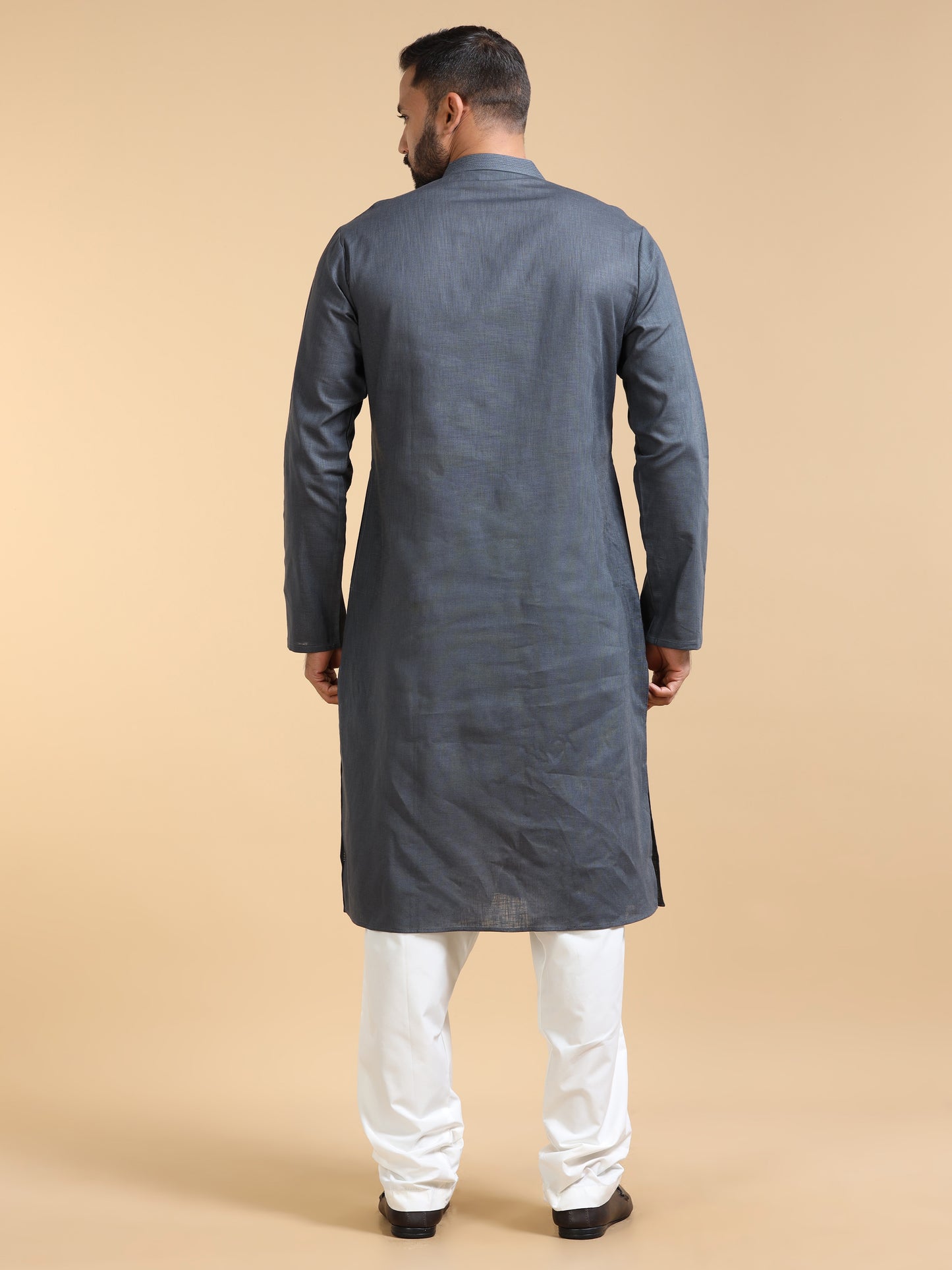 Charcoal Grey Cotton Linen Kurta Pajama Set for Men