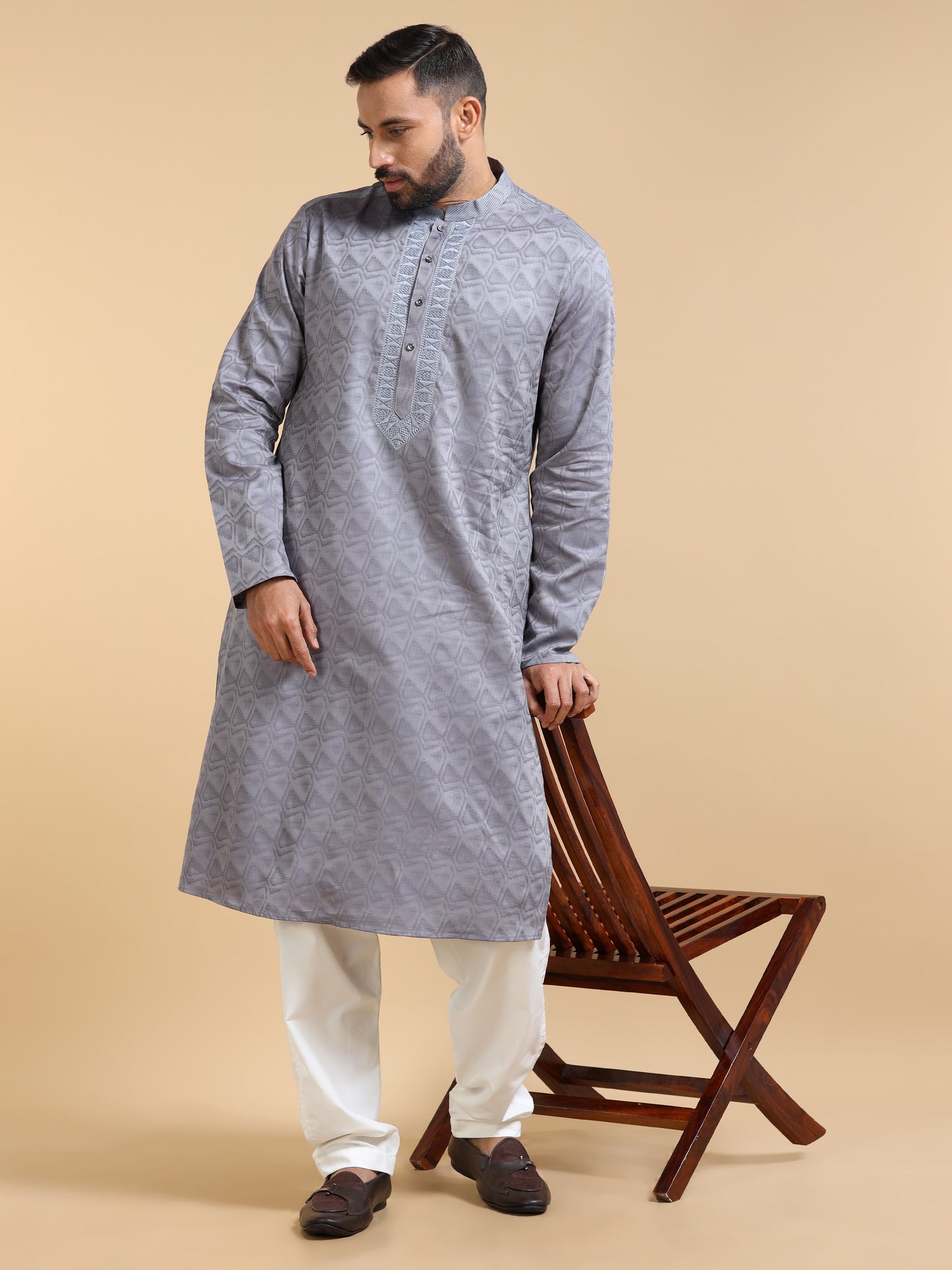 Grey Jacquard Kurta Set for Men with White Pyjama