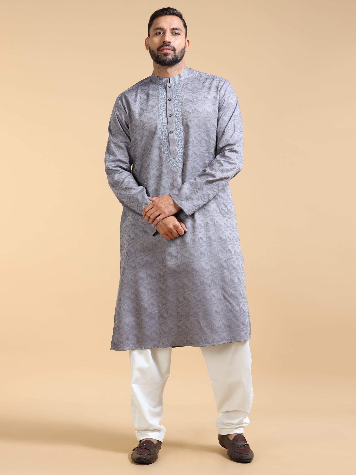 Grey Jacquard Kurta Set for Men with White Pyjama