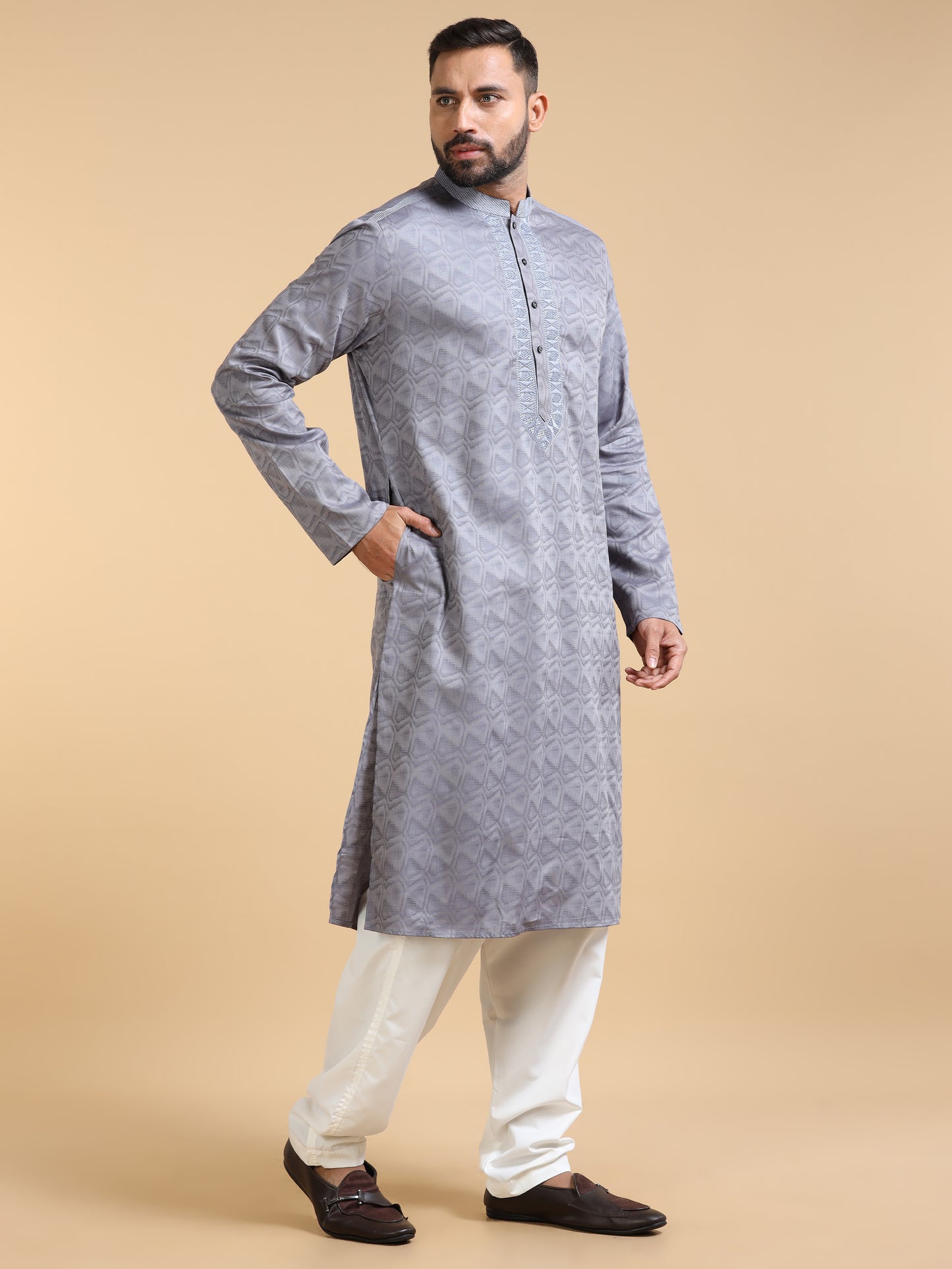 Grey Jacquard Kurta Set for Men with White Pyjama