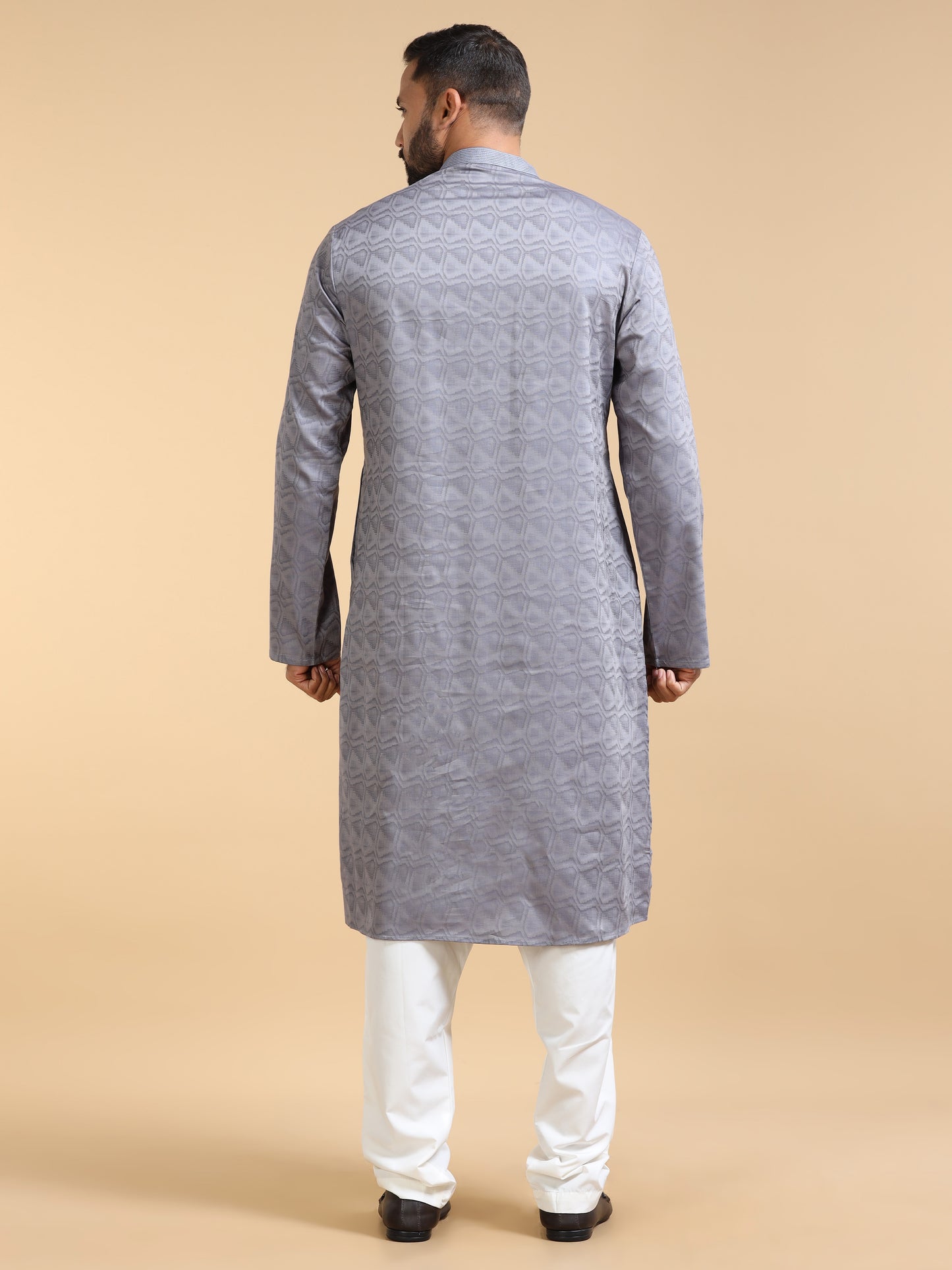 Grey Jacquard Kurta Set for Men with White Pyjama