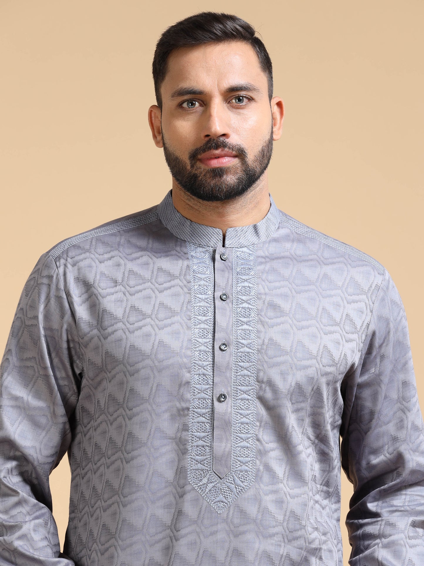 Grey Jacquard Kurta Set for Men with White Pyjama