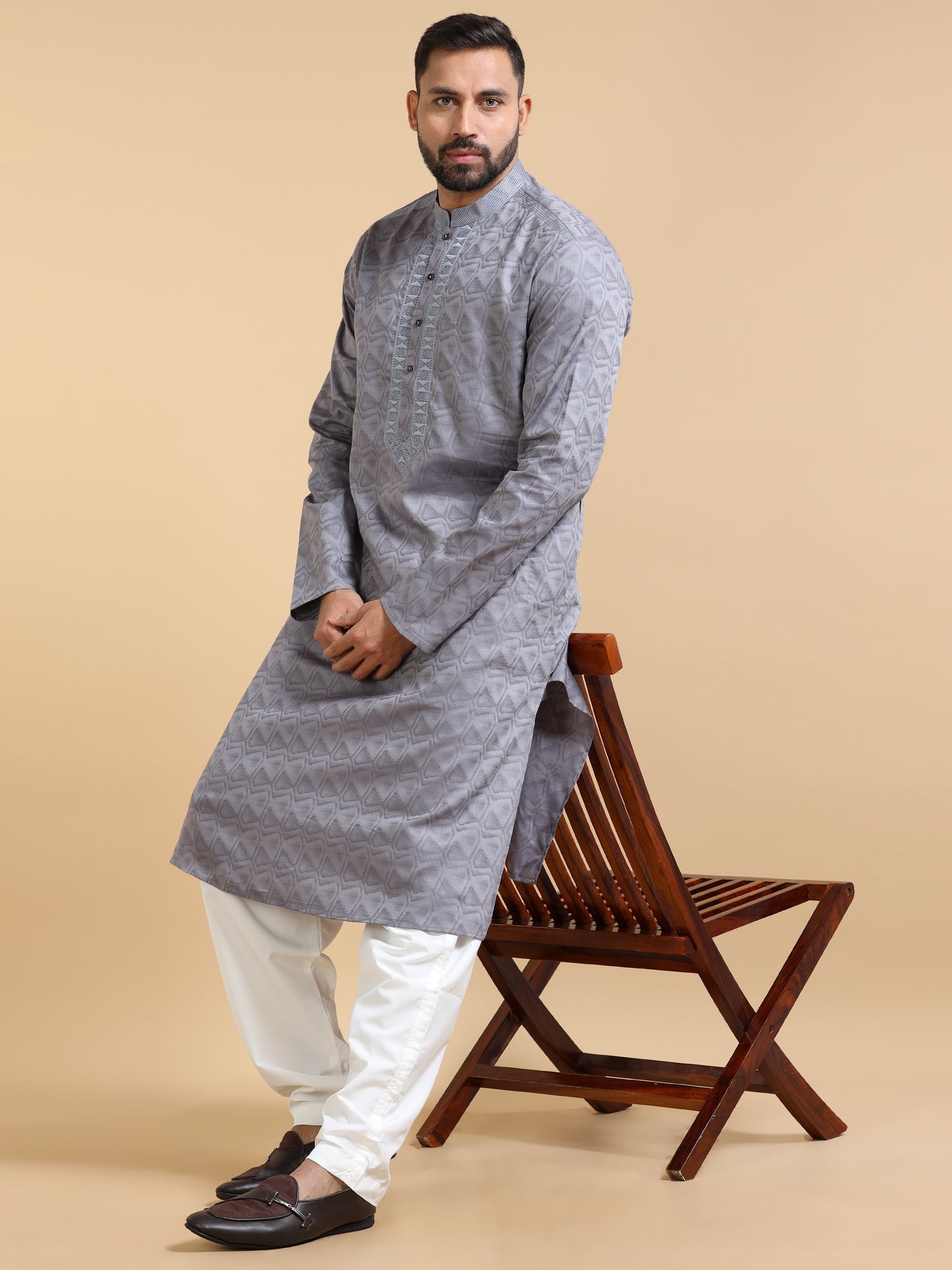 Grey Jacquard Kurta Set for Men with White Pyjama