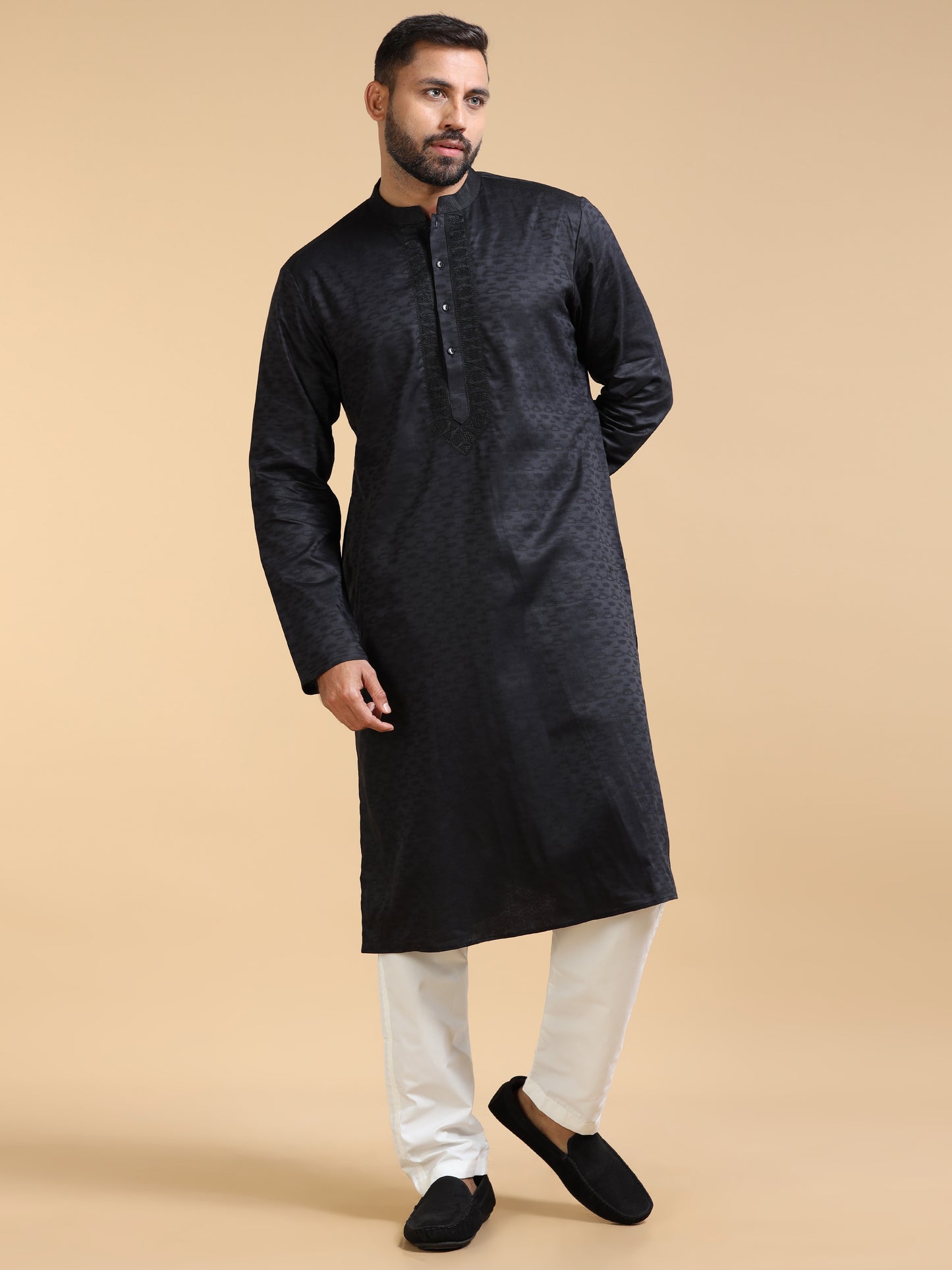 Black Jacquard Kurta Set for Men with White Pyjama