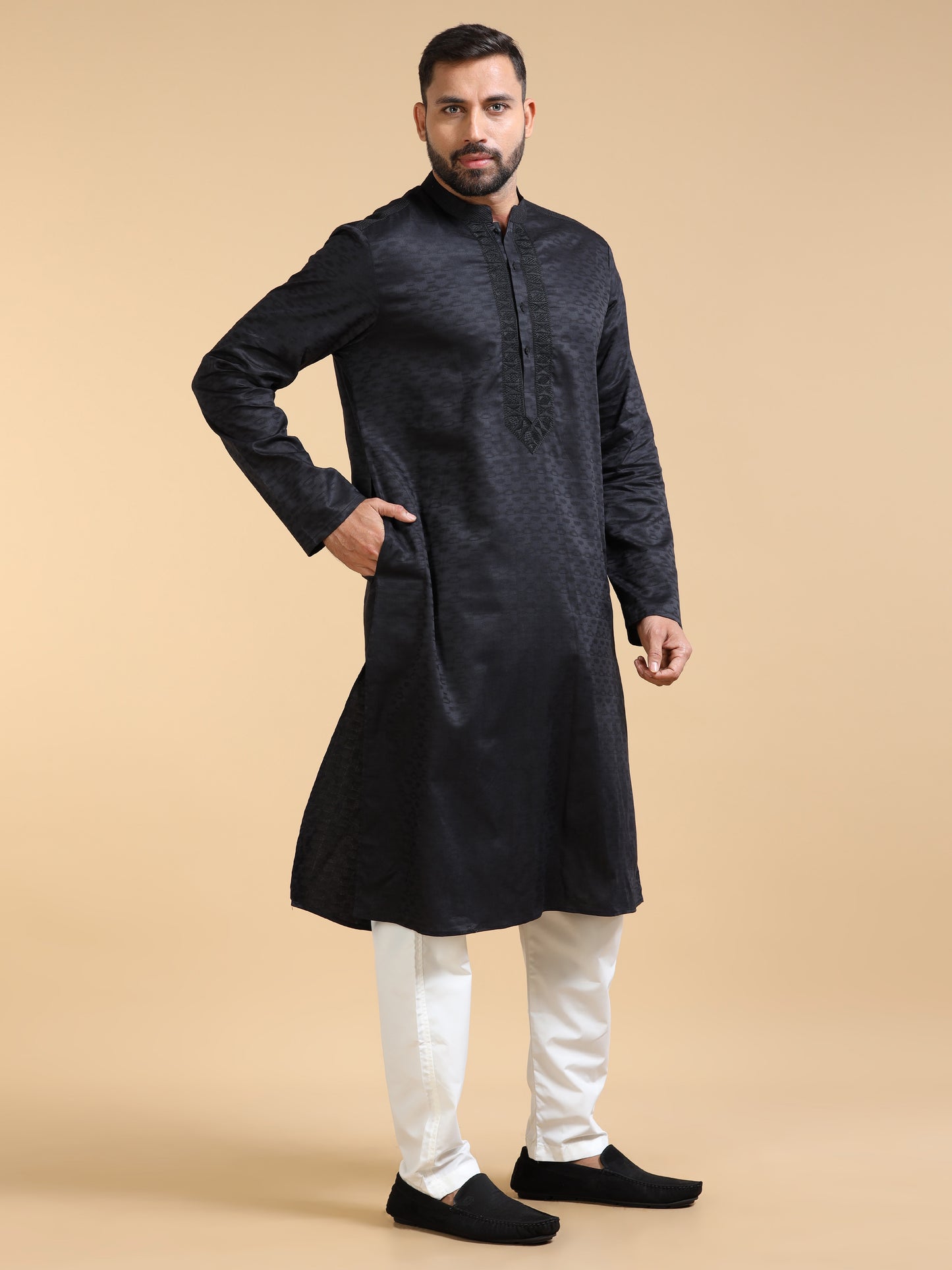 Black Jacquard Kurta Set for Men with White Pyjama