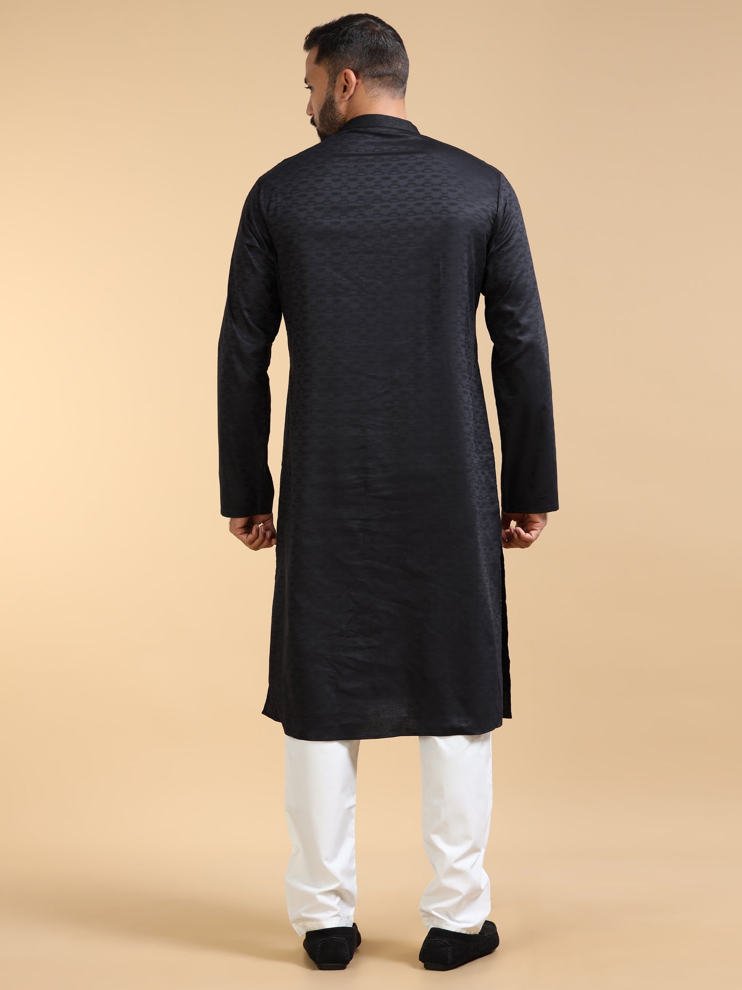 Black Jacquard Kurta Set for Men with White Pyjama