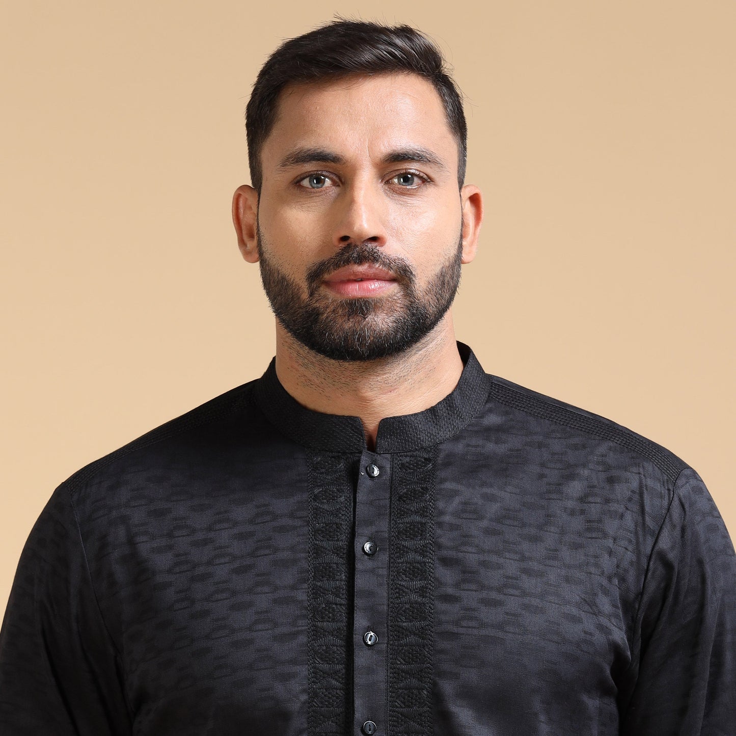 Black Jacquard Kurta Set for Men with White Pyjama