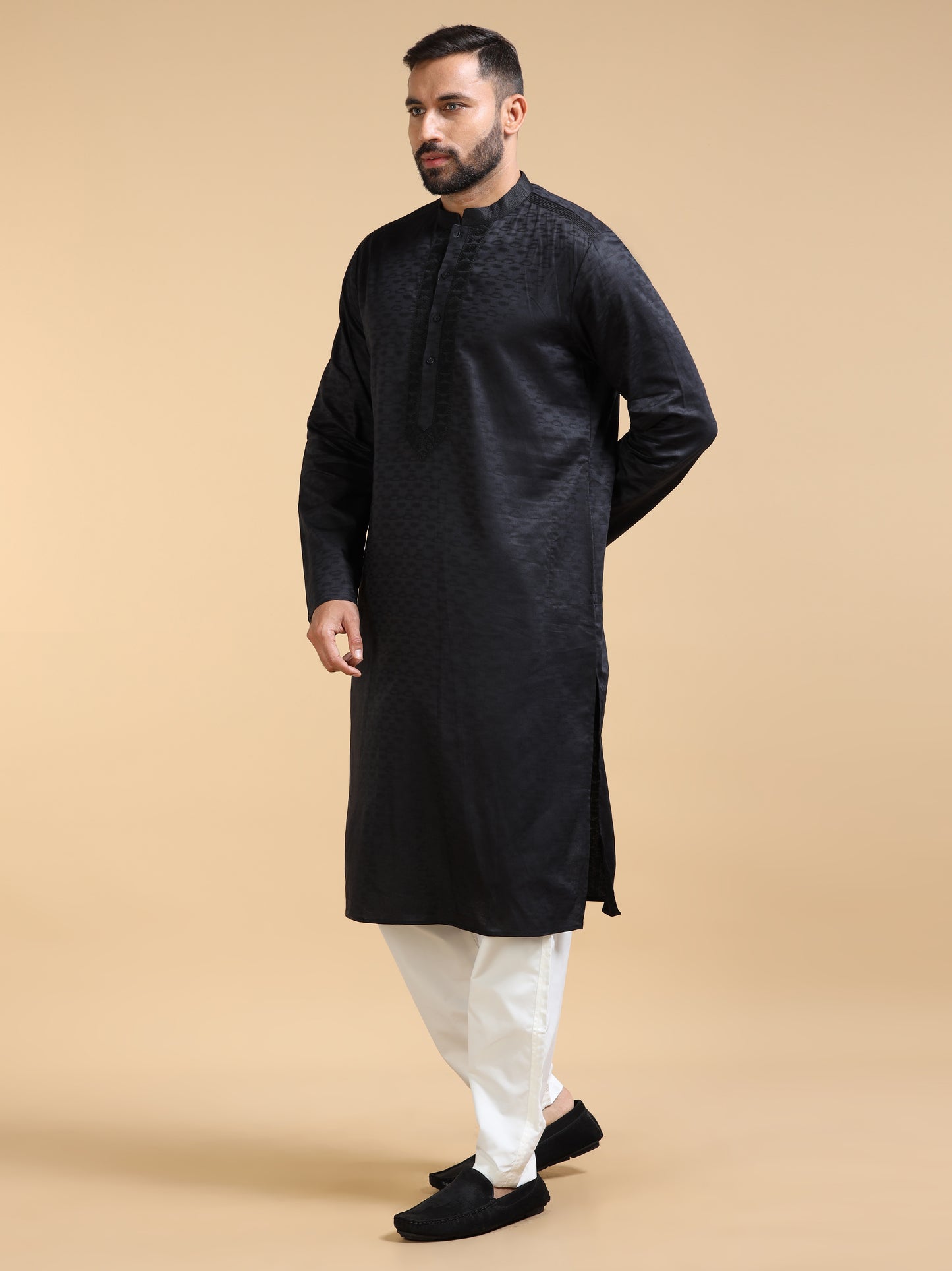 Black Jacquard Kurta Set for Men with White Pyjama