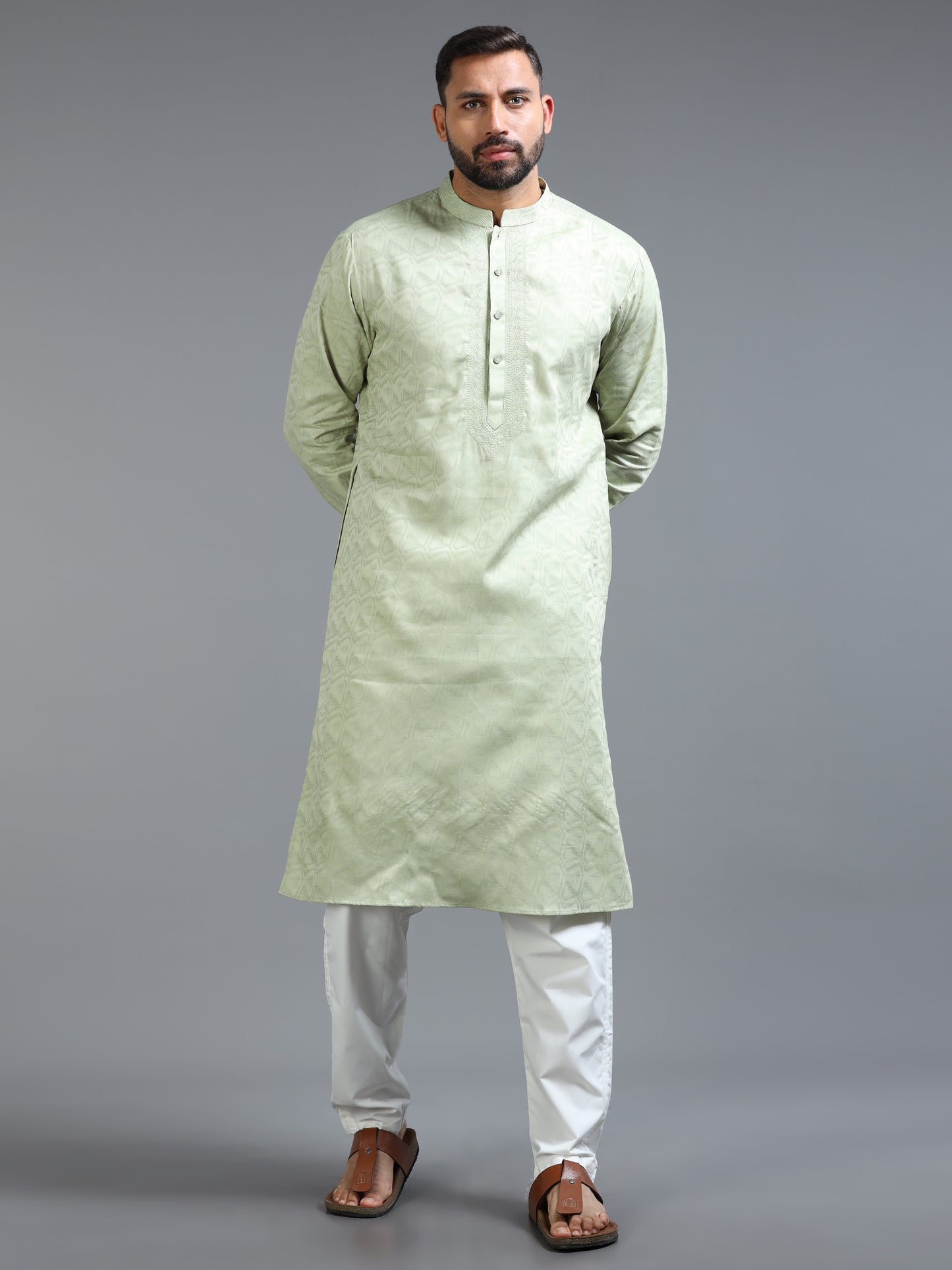 Pastel Green Jacquard Kurta Set for Men with White Pyjama