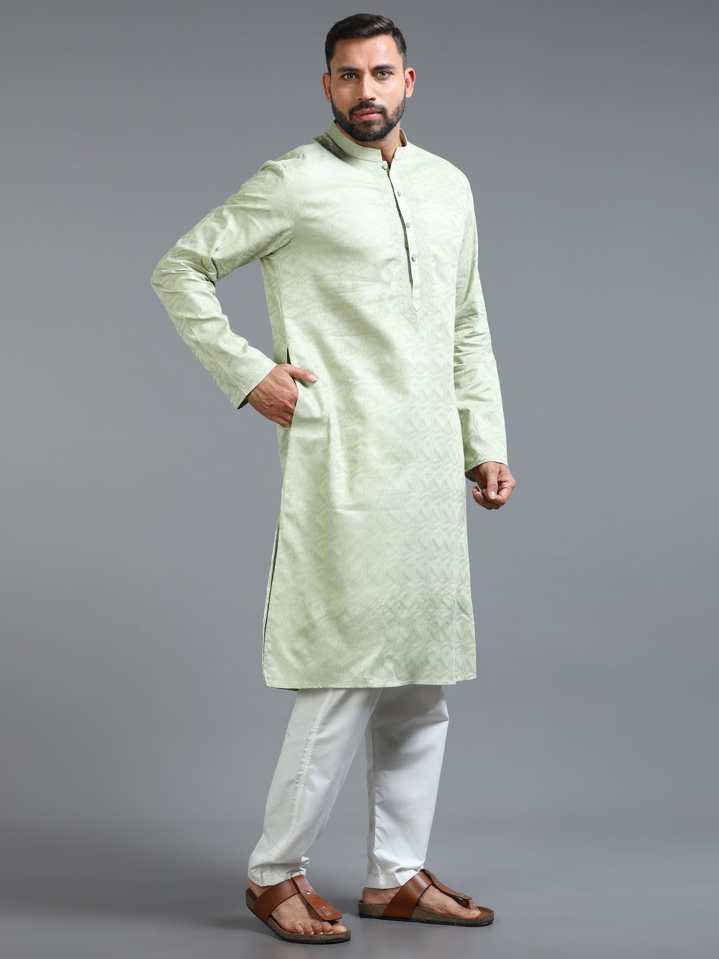 Pastel Green Jacquard Kurta Set for Men with White Pyjama