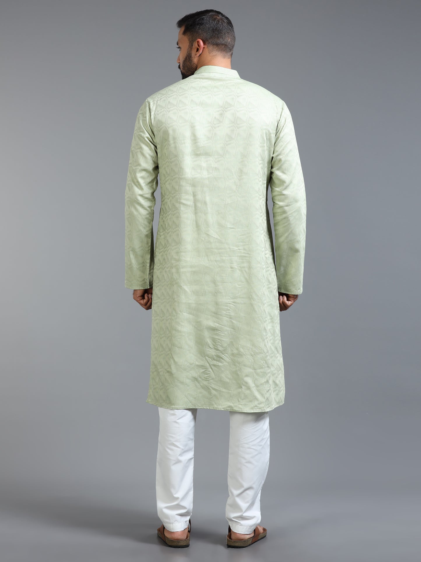 Pastel Green Jacquard Kurta Set for Men with White Pyjama