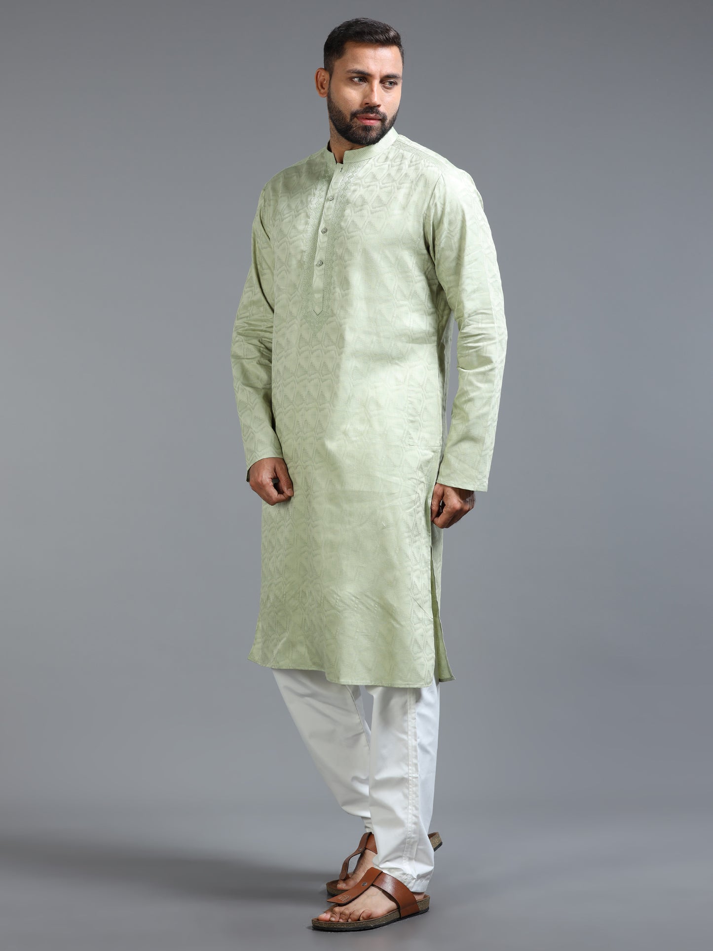 Pastel Green Jacquard Kurta Set for Men with White Pyjama