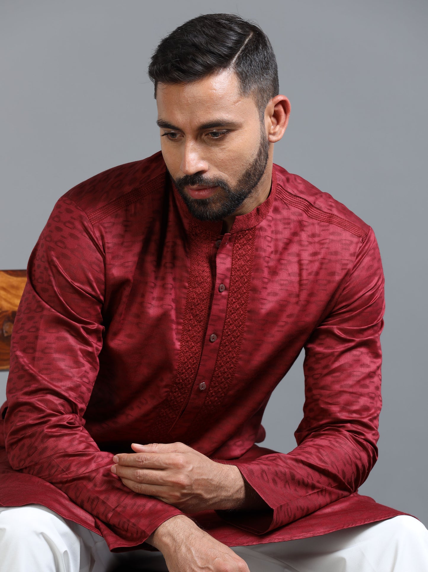 Red Jacquard Kurta Set for Men with White Pyjama