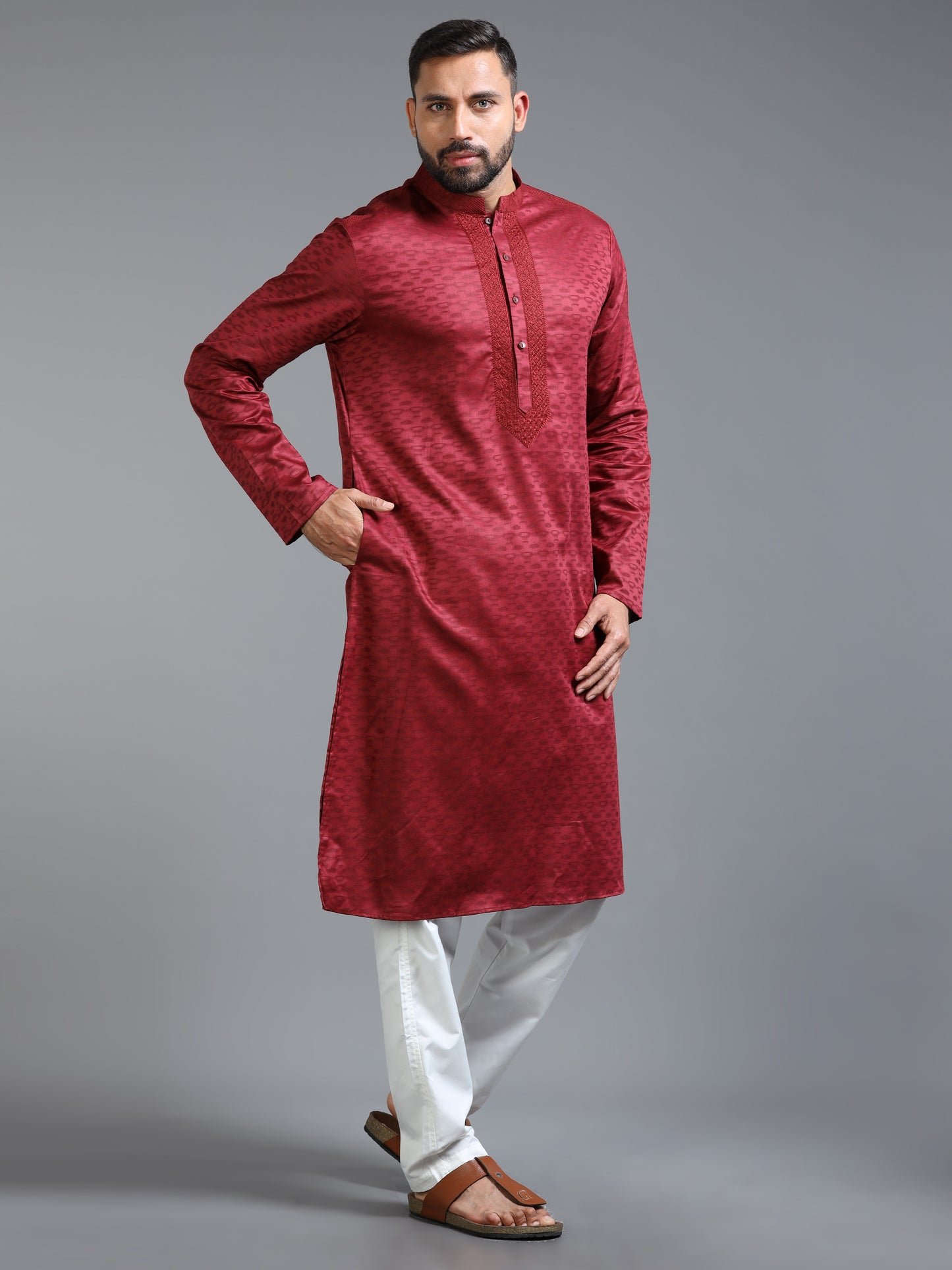 Red Jacquard Kurta Set for Men with White Pyjama