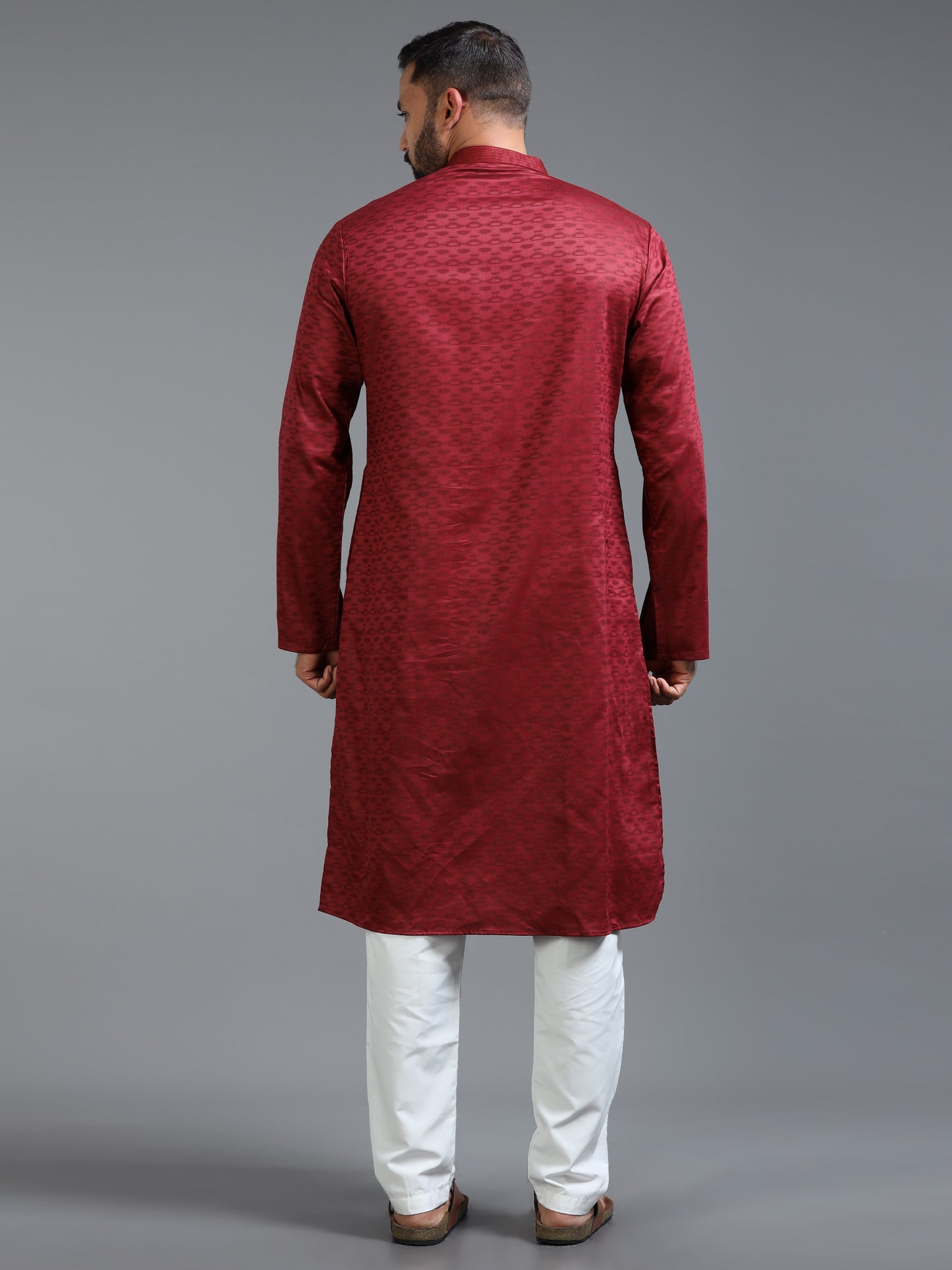 Red Jacquard Kurta Set for Men with White Pyjama