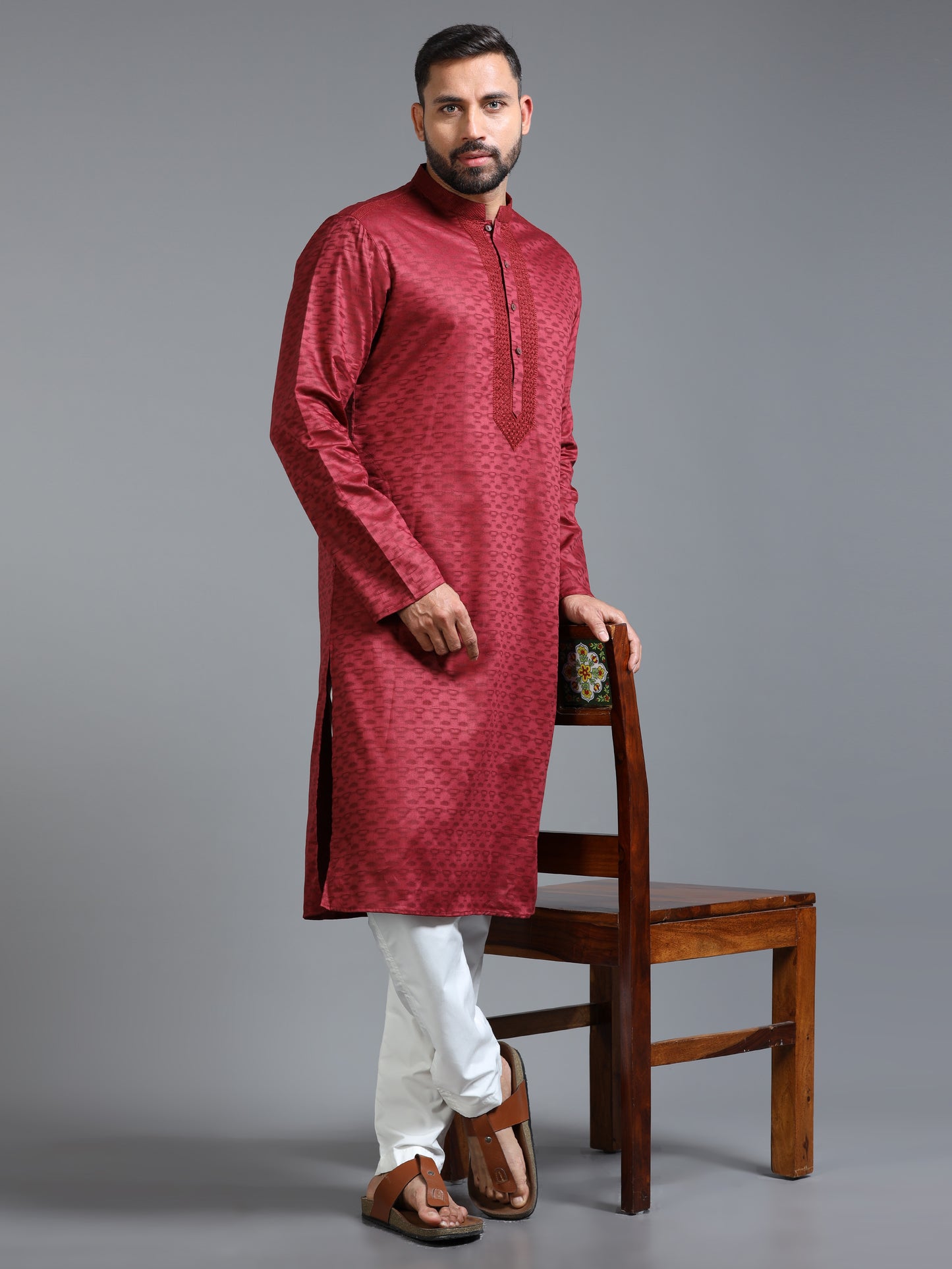 Red Jacquard Kurta Set for Men with White Pyjama