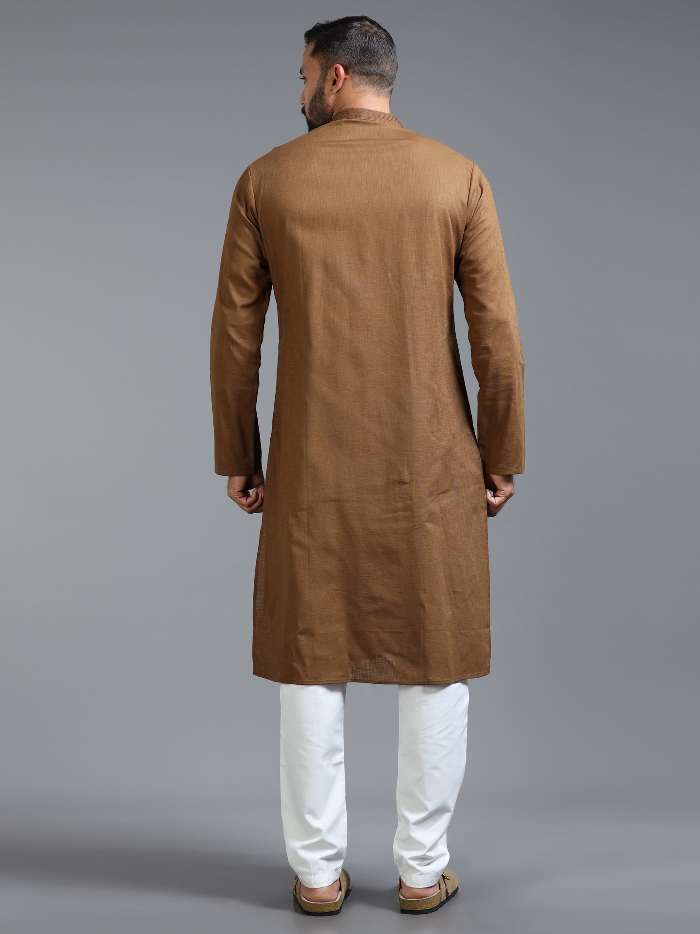 Brown Cotton Linen Kurta Pajama Set for Men