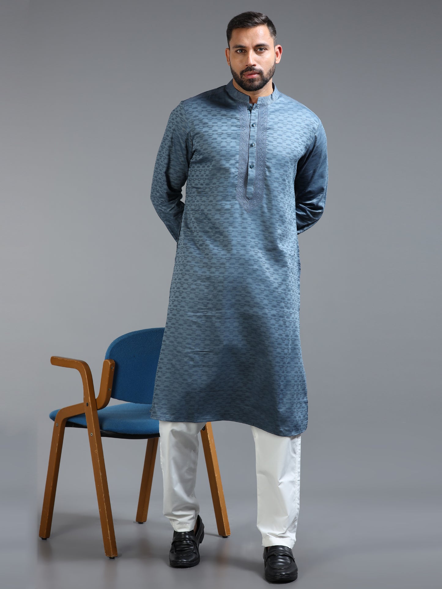 Blue Jacquard Kurta Set for Men with White Pyjama