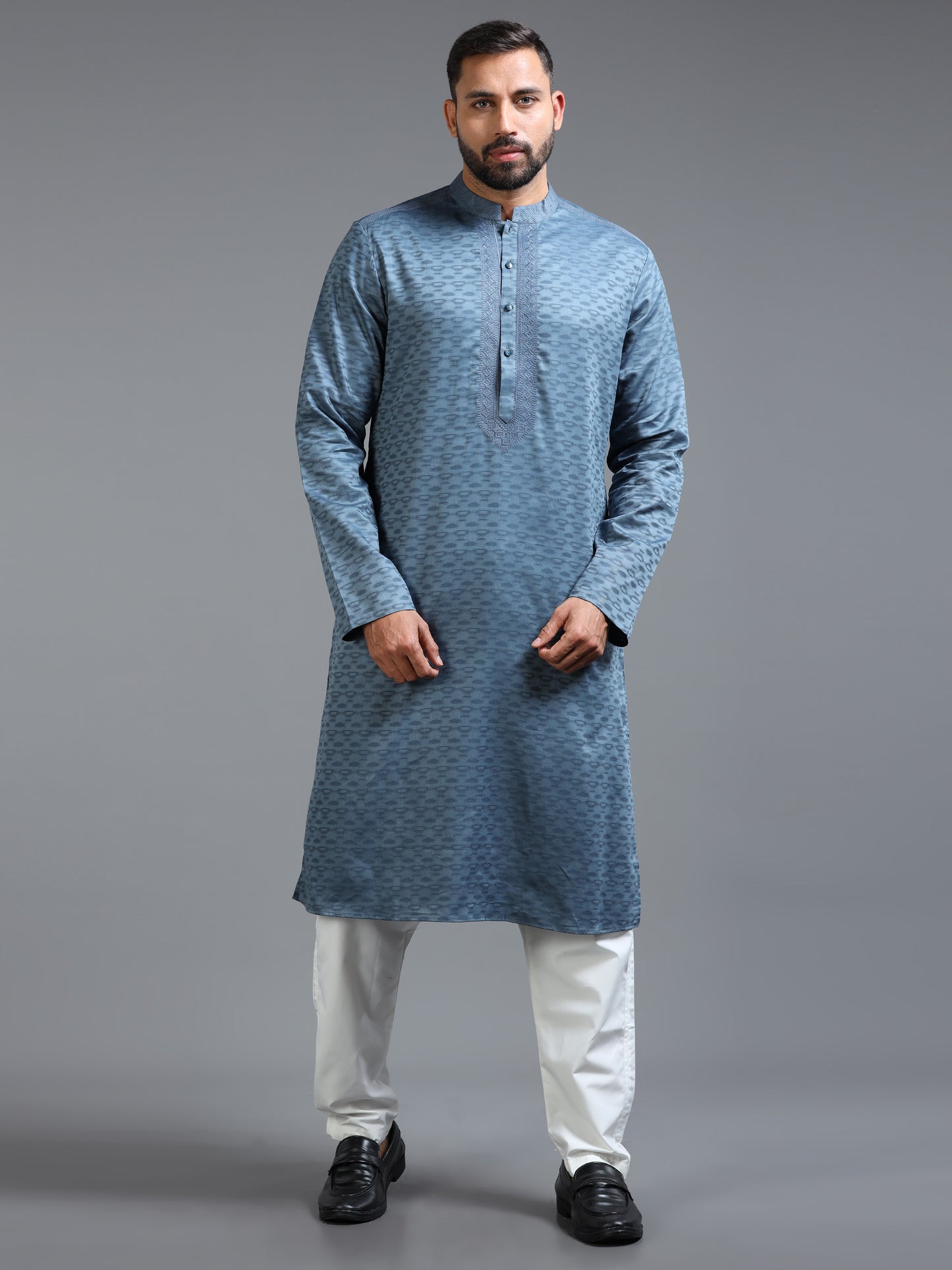 Blue Jacquard Kurta Set for Men with White Pyjama