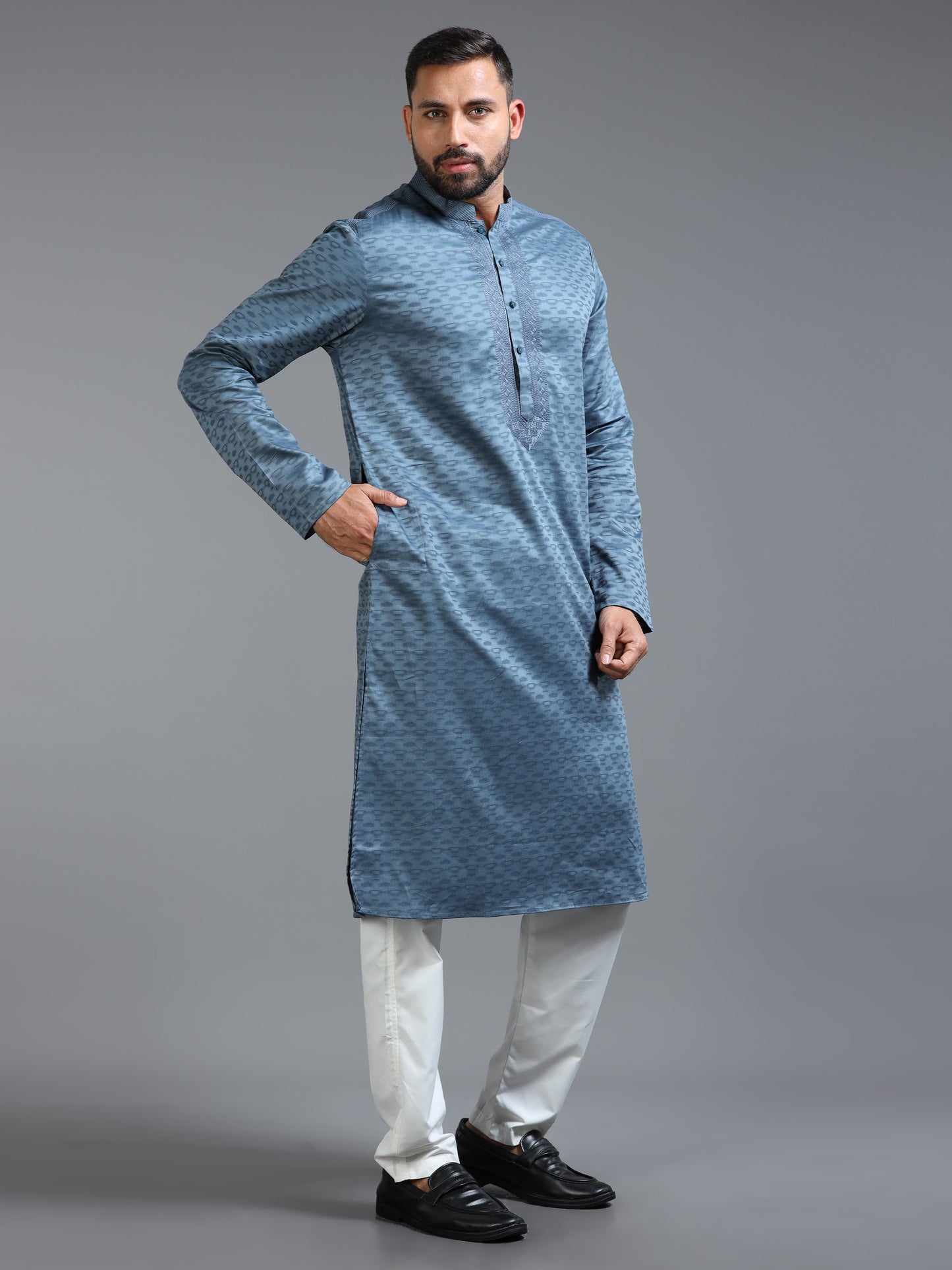 Blue Jacquard Kurta Set for Men with White Pyjama