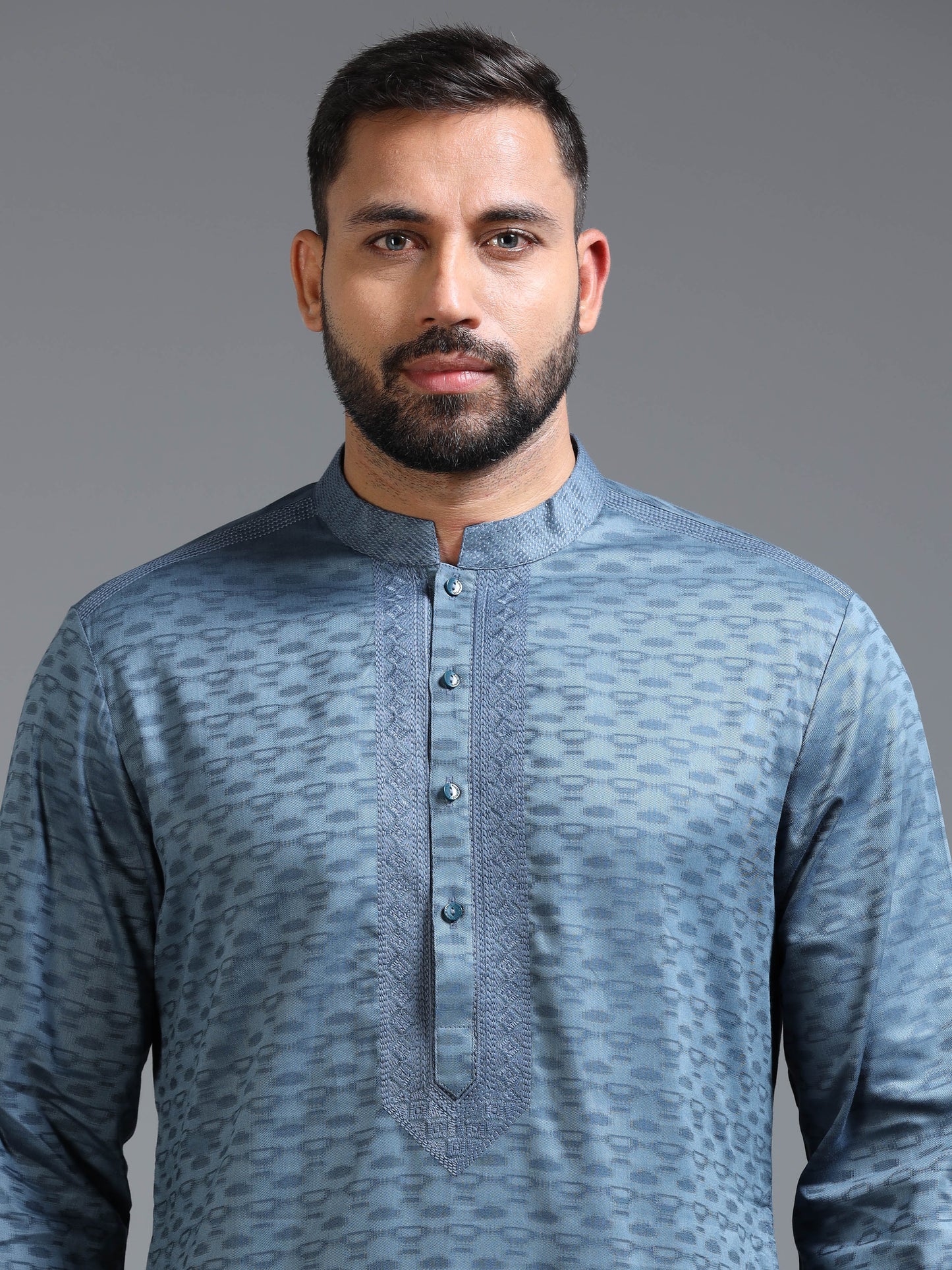 Blue Jacquard Kurta Set for Men with White Pyjama