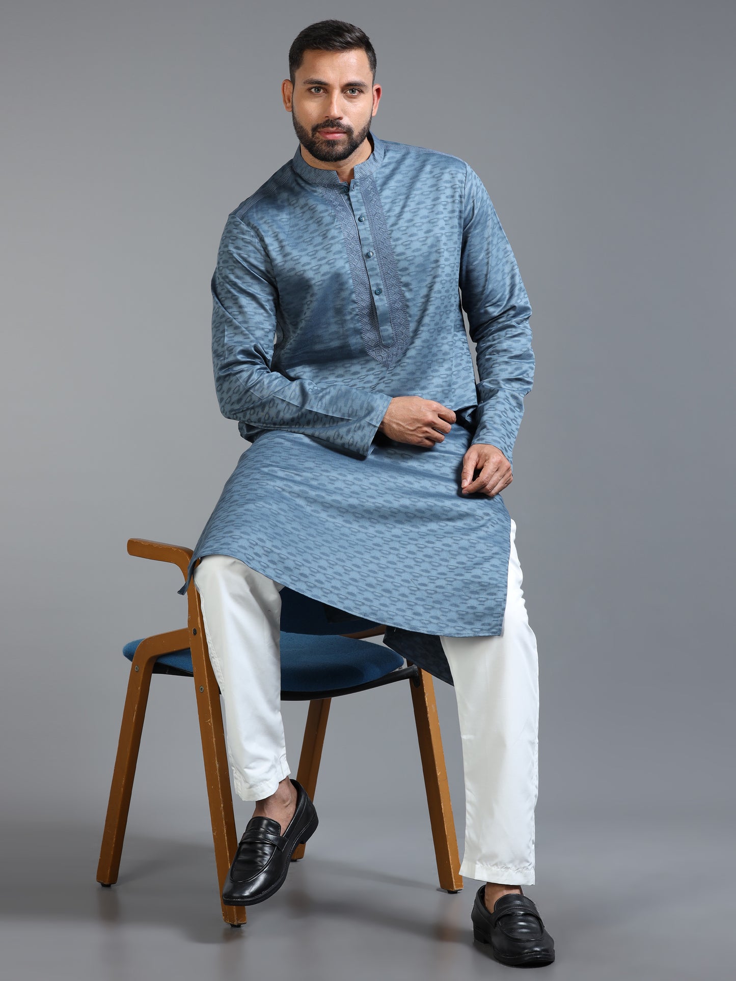 Blue Jacquard Kurta Set for Men with White Pyjama