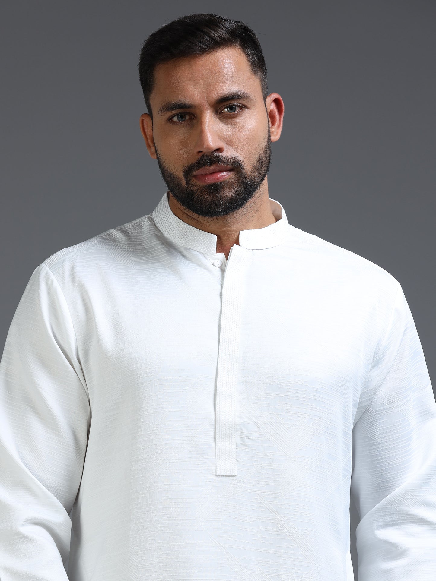 White Cotton Blend Jacquard Kurta Pyjama Set For Men