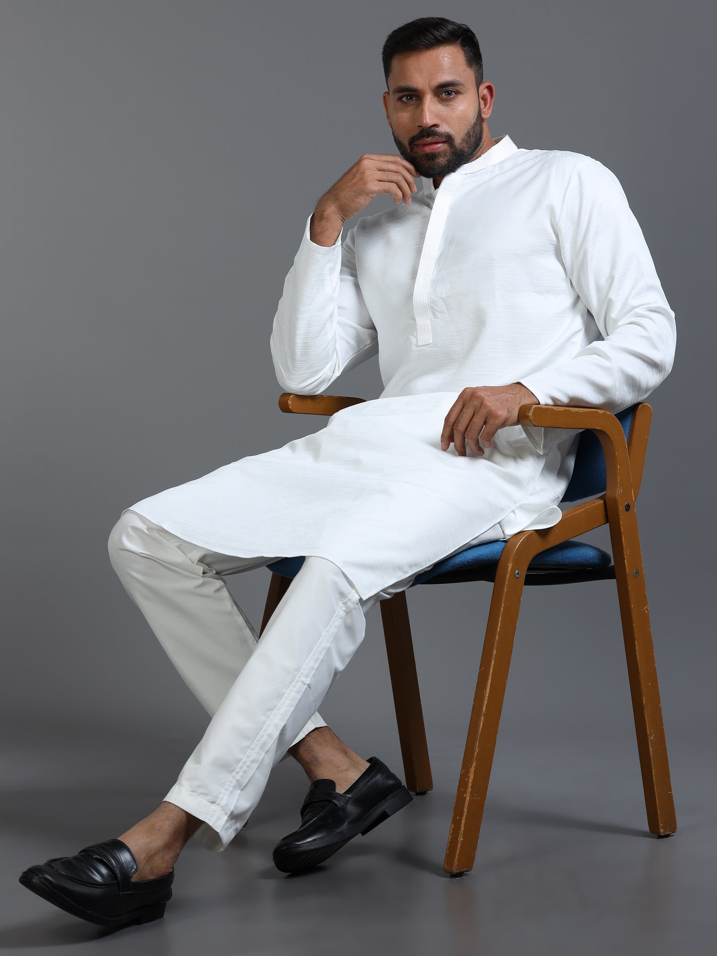 White Cotton Blend Jacquard Kurta Pyjama Set For Men