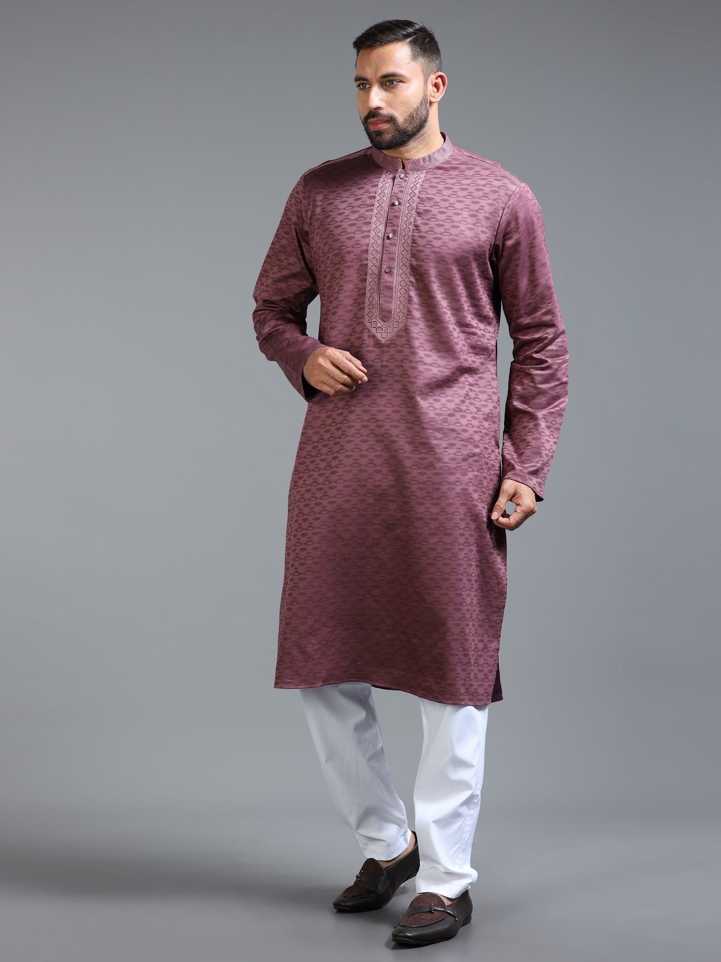 Pink Jacquard Kurta Set for Men with White Pyjama