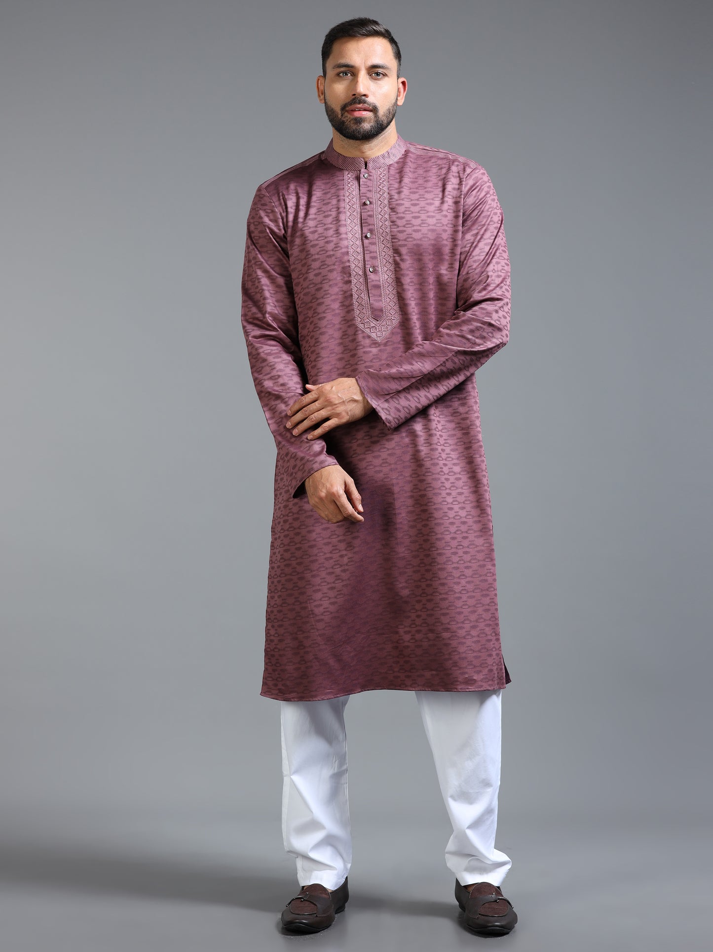 Pink Jacquard Kurta Set for Men with White Pyjama