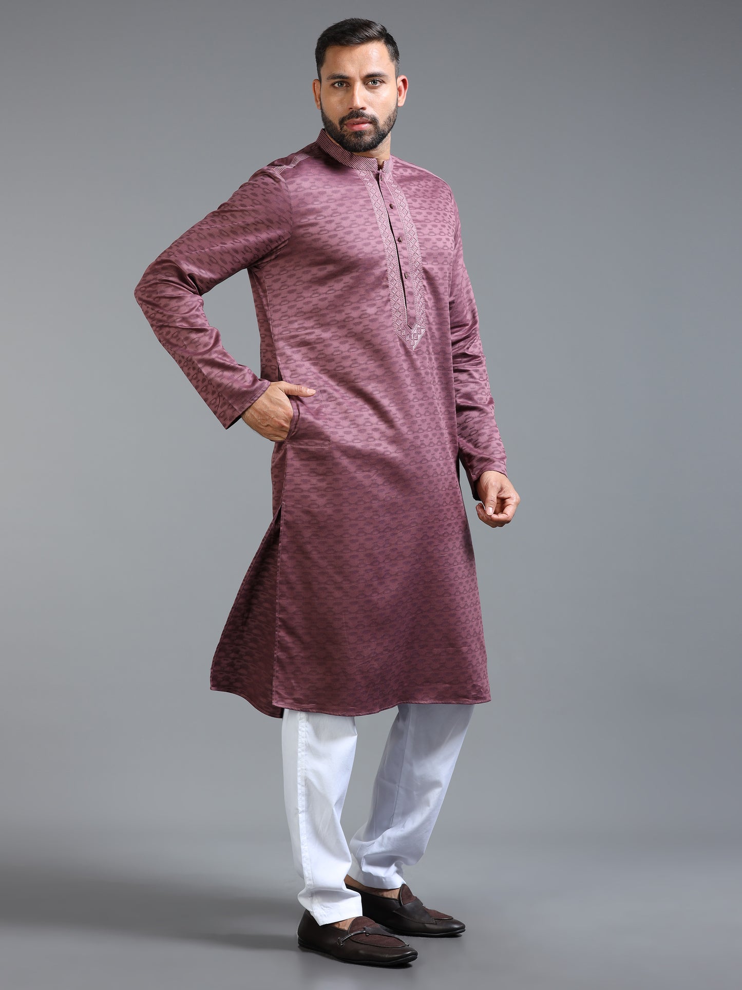 Pink Jacquard Kurta Set for Men with White Pyjama