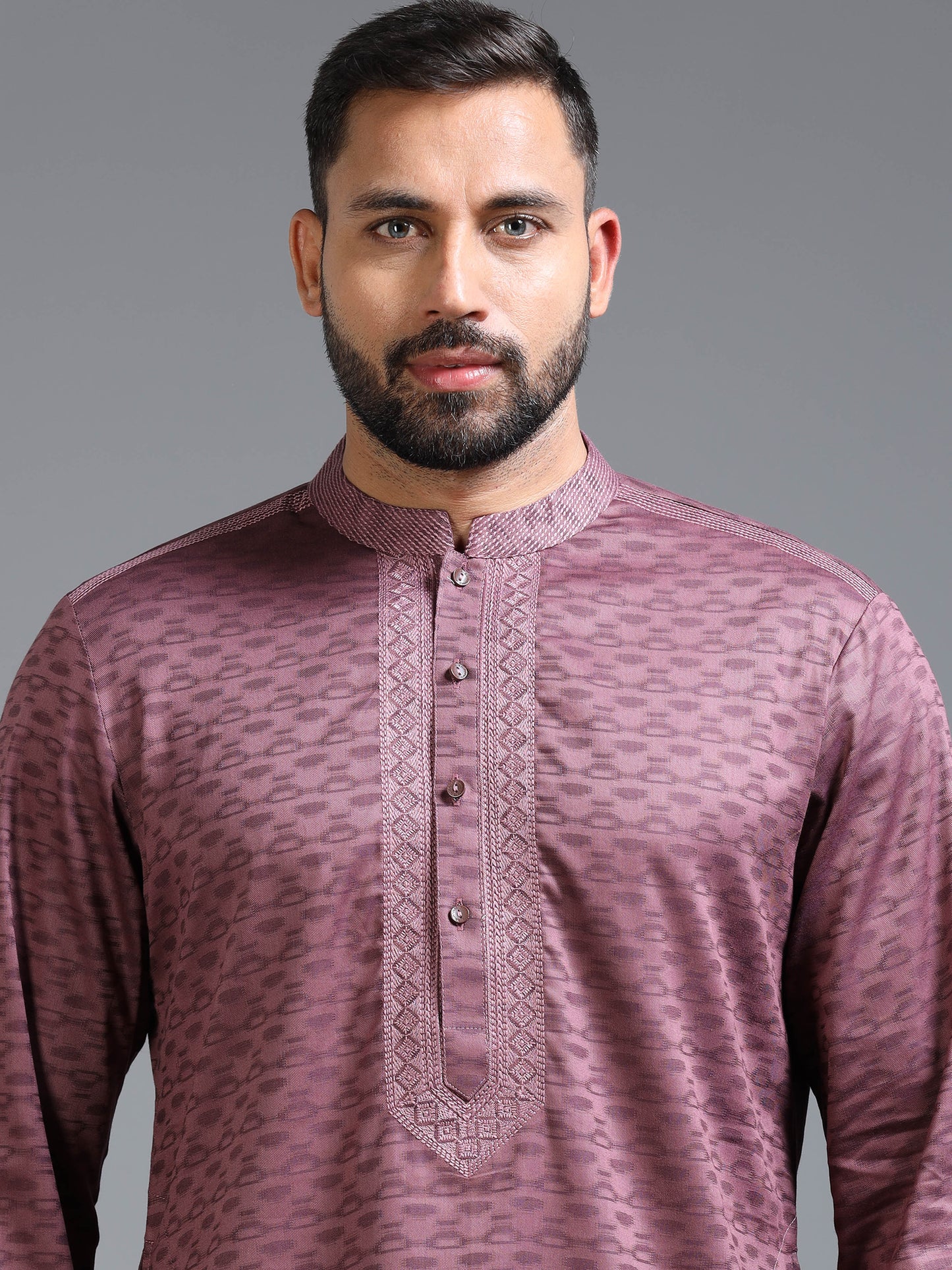 Pink Jacquard Kurta Set for Men with White Pyjama