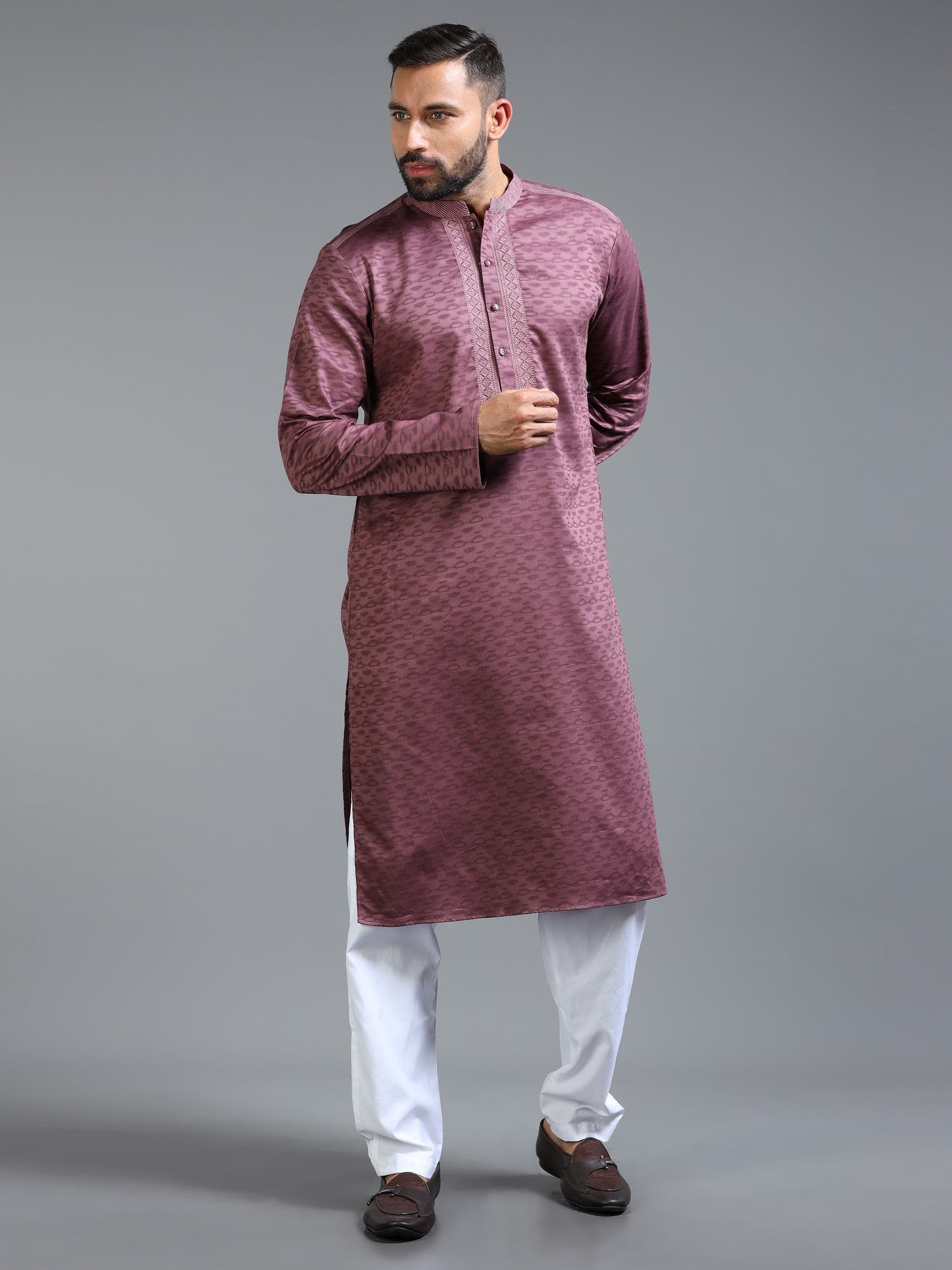 Pink Jacquard Kurta Set for Men with White Pyjama