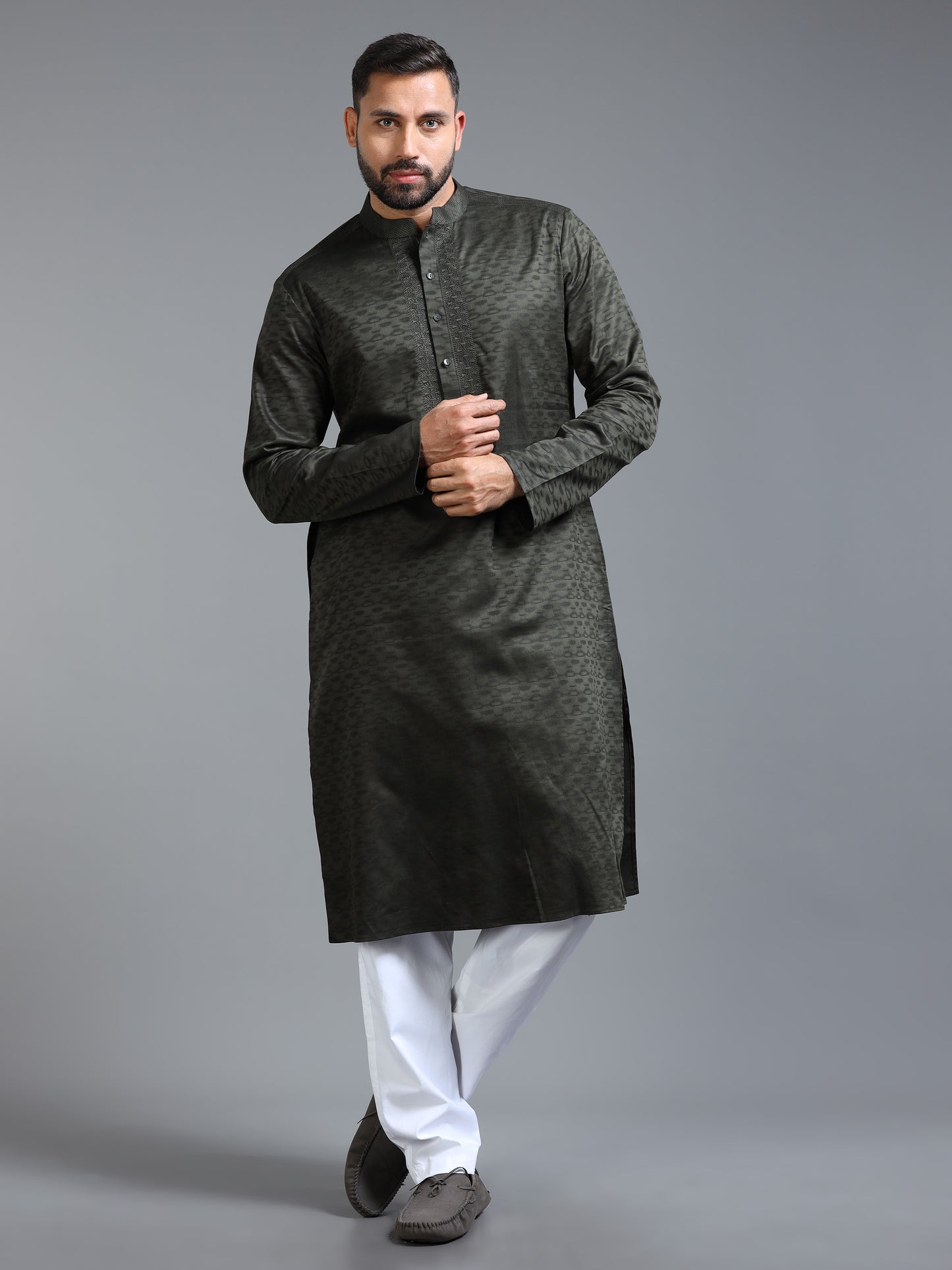 Dark Olive Green Jacquard Kurta Set for Men with White Pyjama