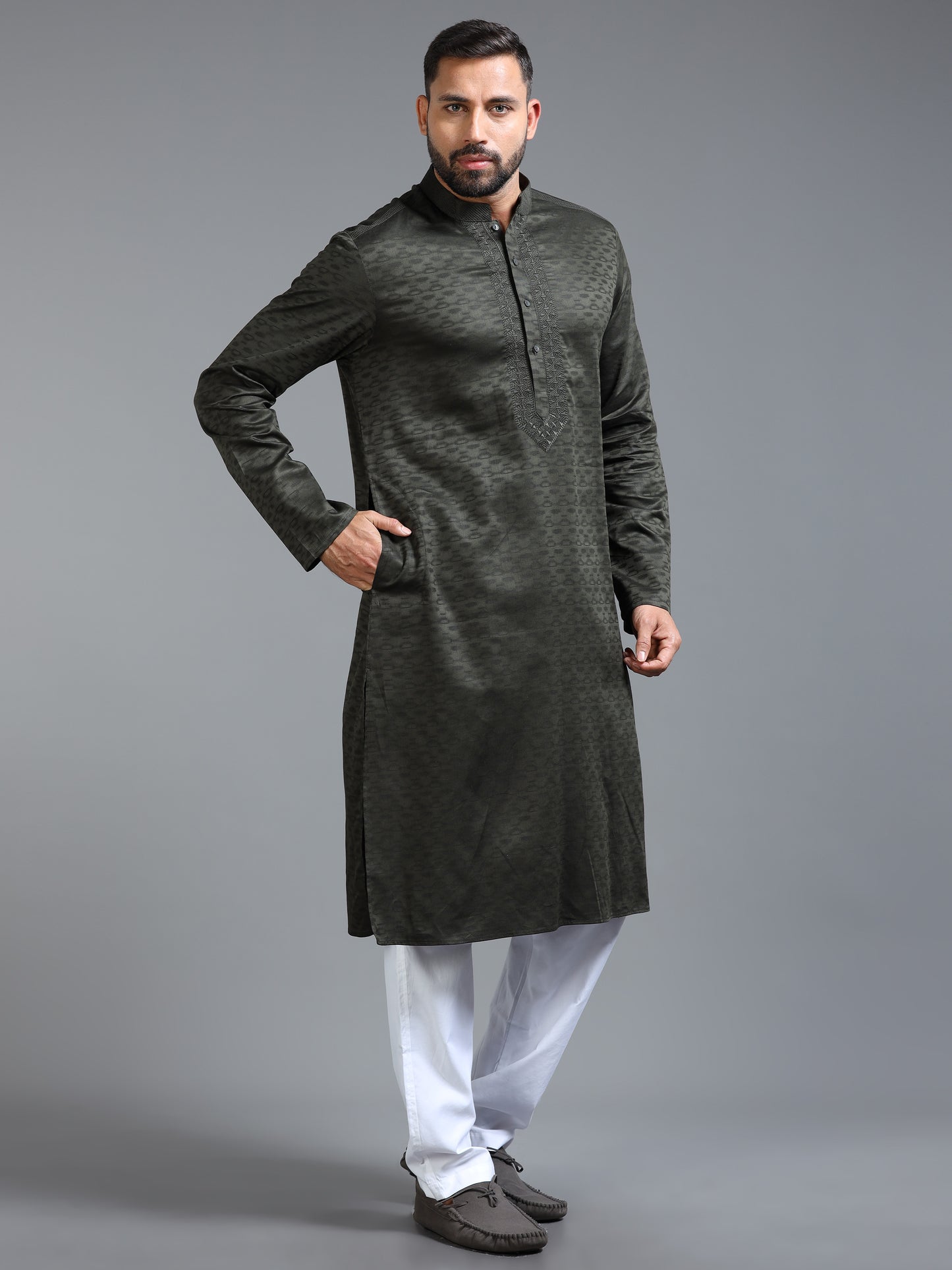 Dark Olive Green Jacquard Kurta Set for Men with White Pyjama