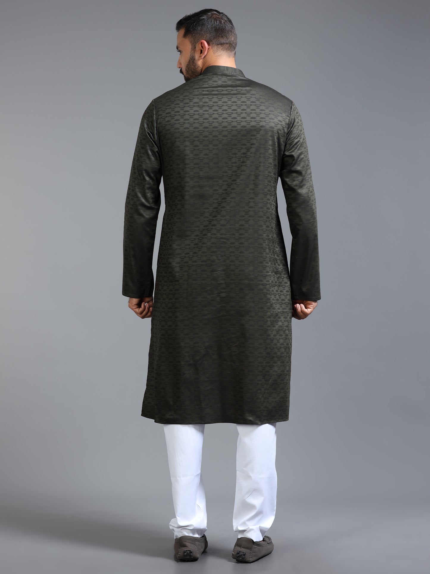 Dark Olive Green Jacquard Kurta Set for Men with White Pyjama