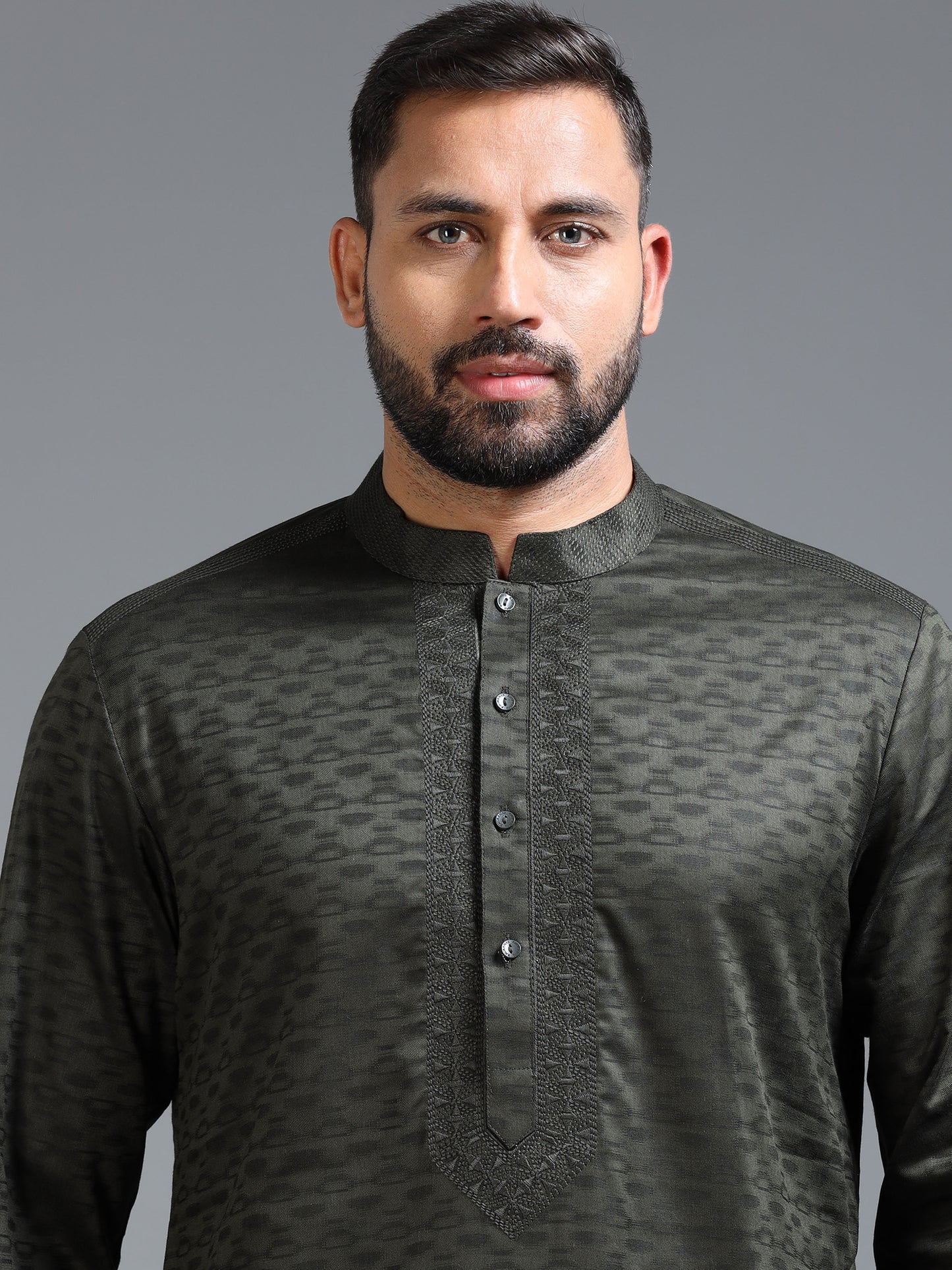 Dark Olive Green Jacquard Kurta Set for Men with White Pyjama