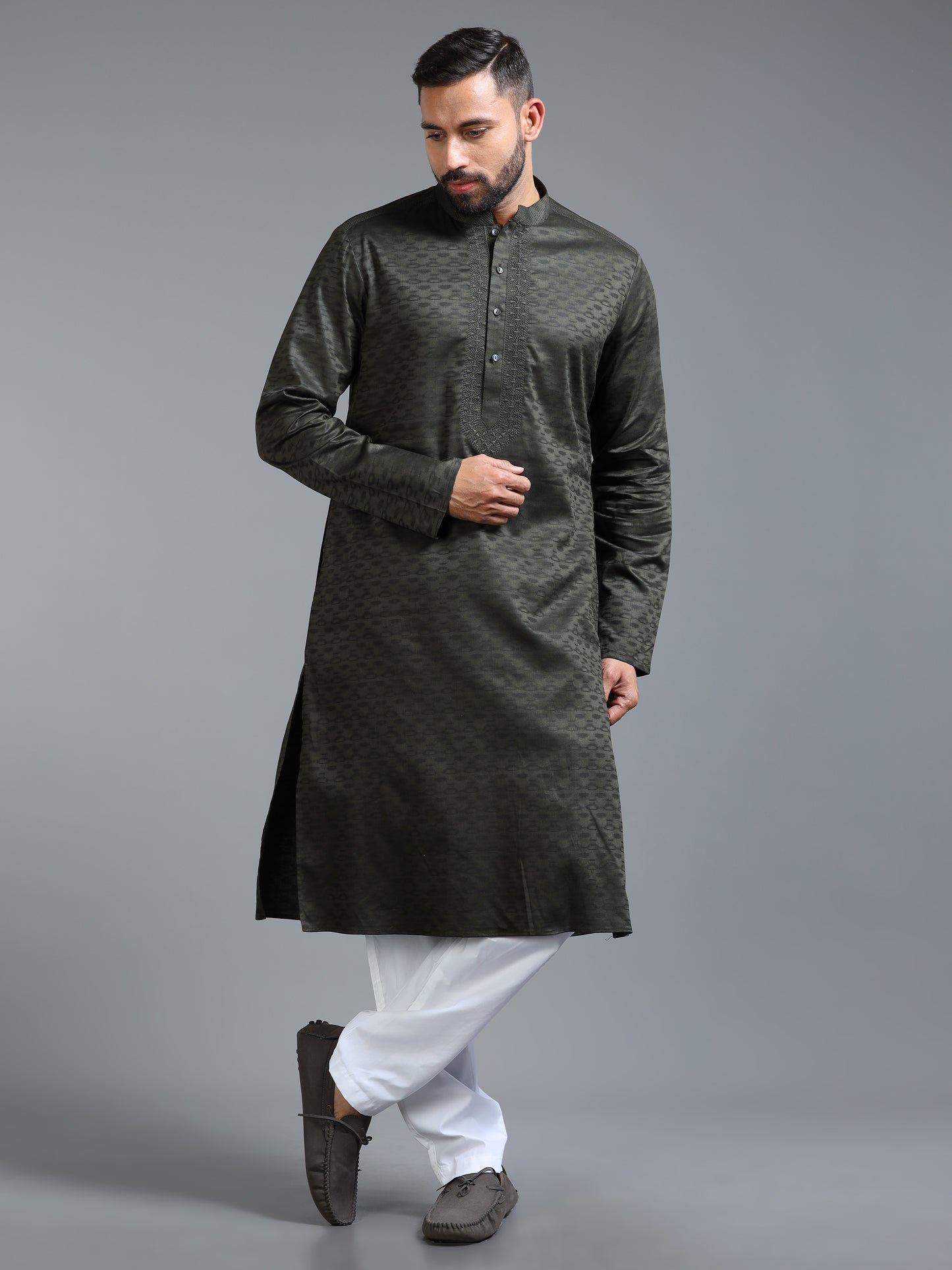 Dark Olive Green Jacquard Kurta Set for Men with White Pyjama