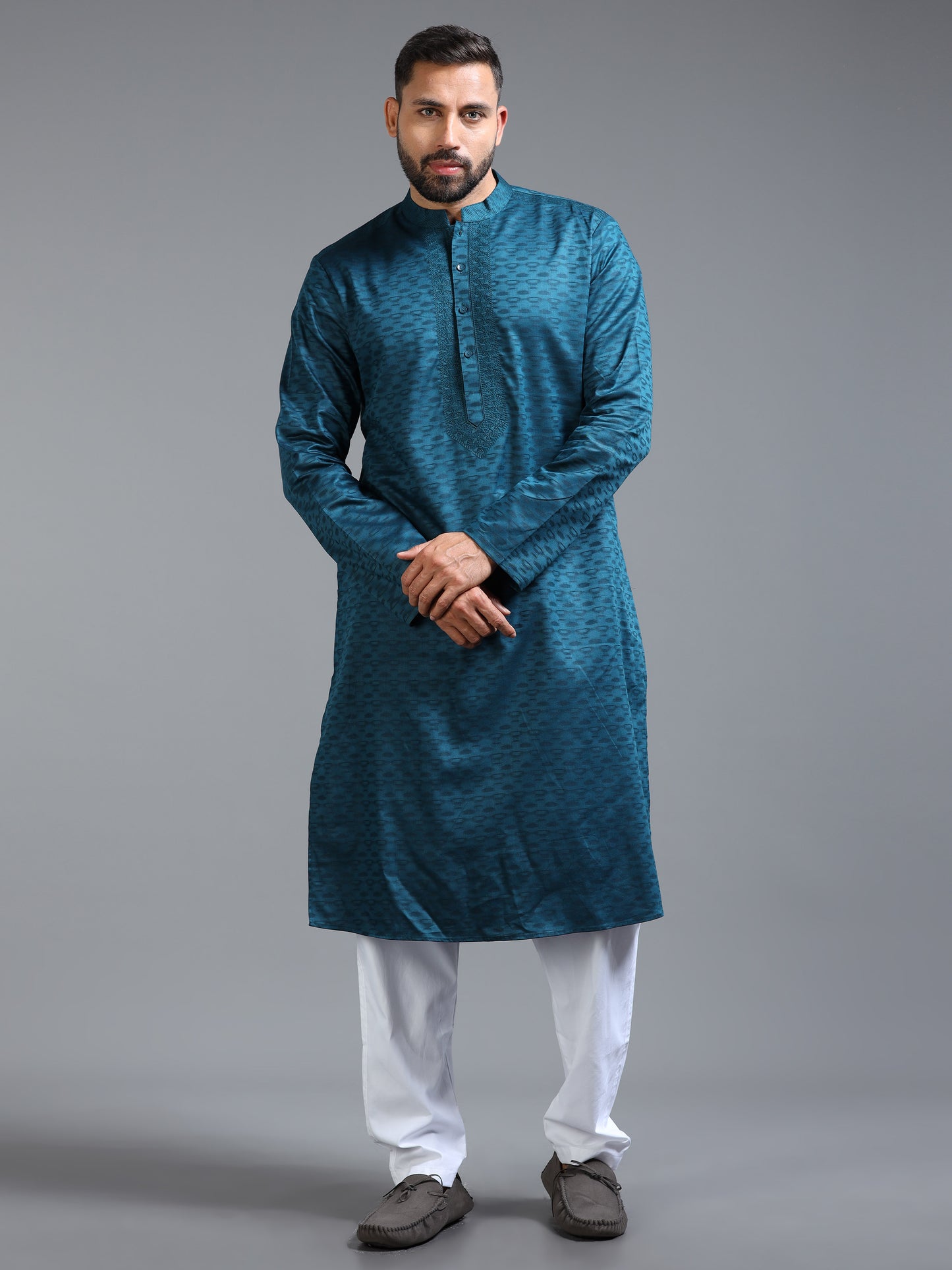 Teal Blue Jacquard Kurta Pyjama Set For Men