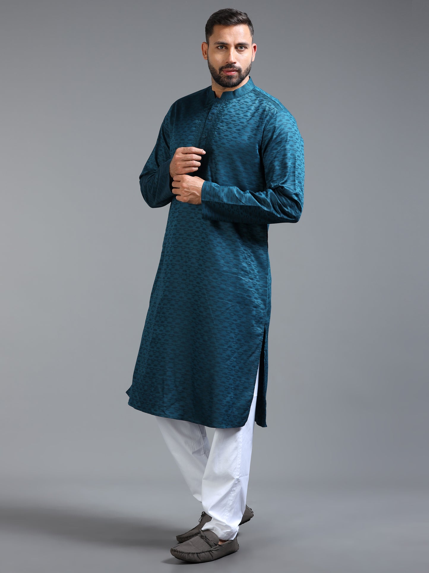 Teal Blue Jacquard Kurta Pyjama Set For Men