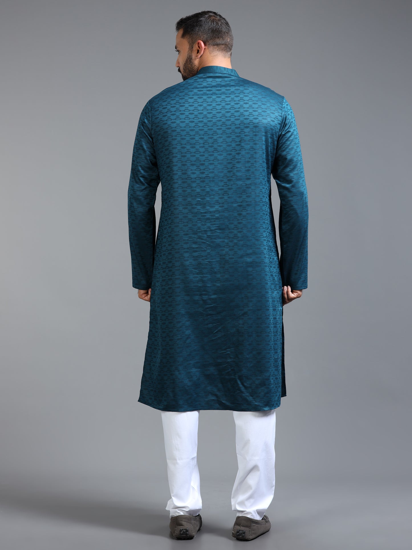 Teal Blue Jacquard Kurta Pyjama Set For Men