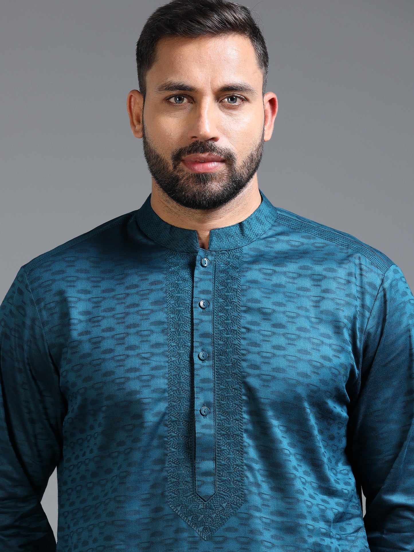 Teal Blue Jacquard Kurta Pyjama Set For Men