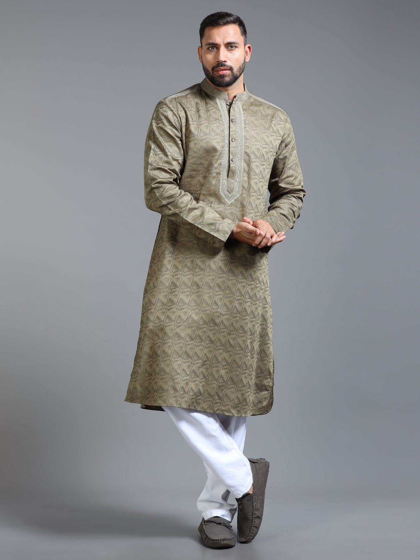 Olive Green Jacquard Kurta Set for Men with White Pyjama