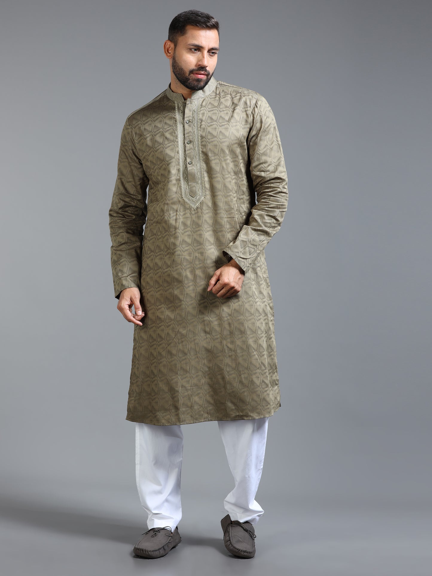 Olive Green Jacquard Kurta Set for Men with White Pyjama