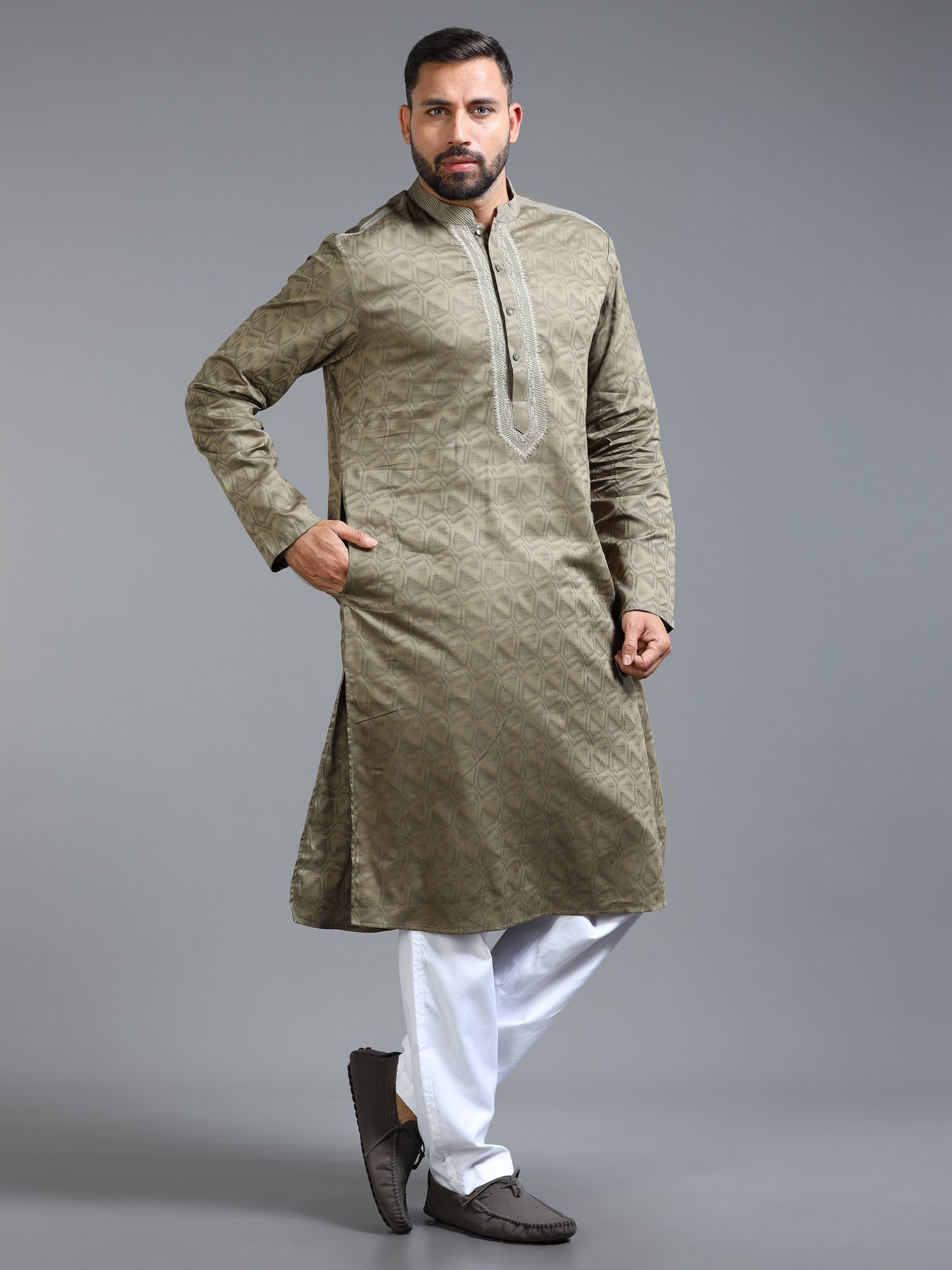 Olive Green Jacquard Kurta Set for Men with White Pyjama