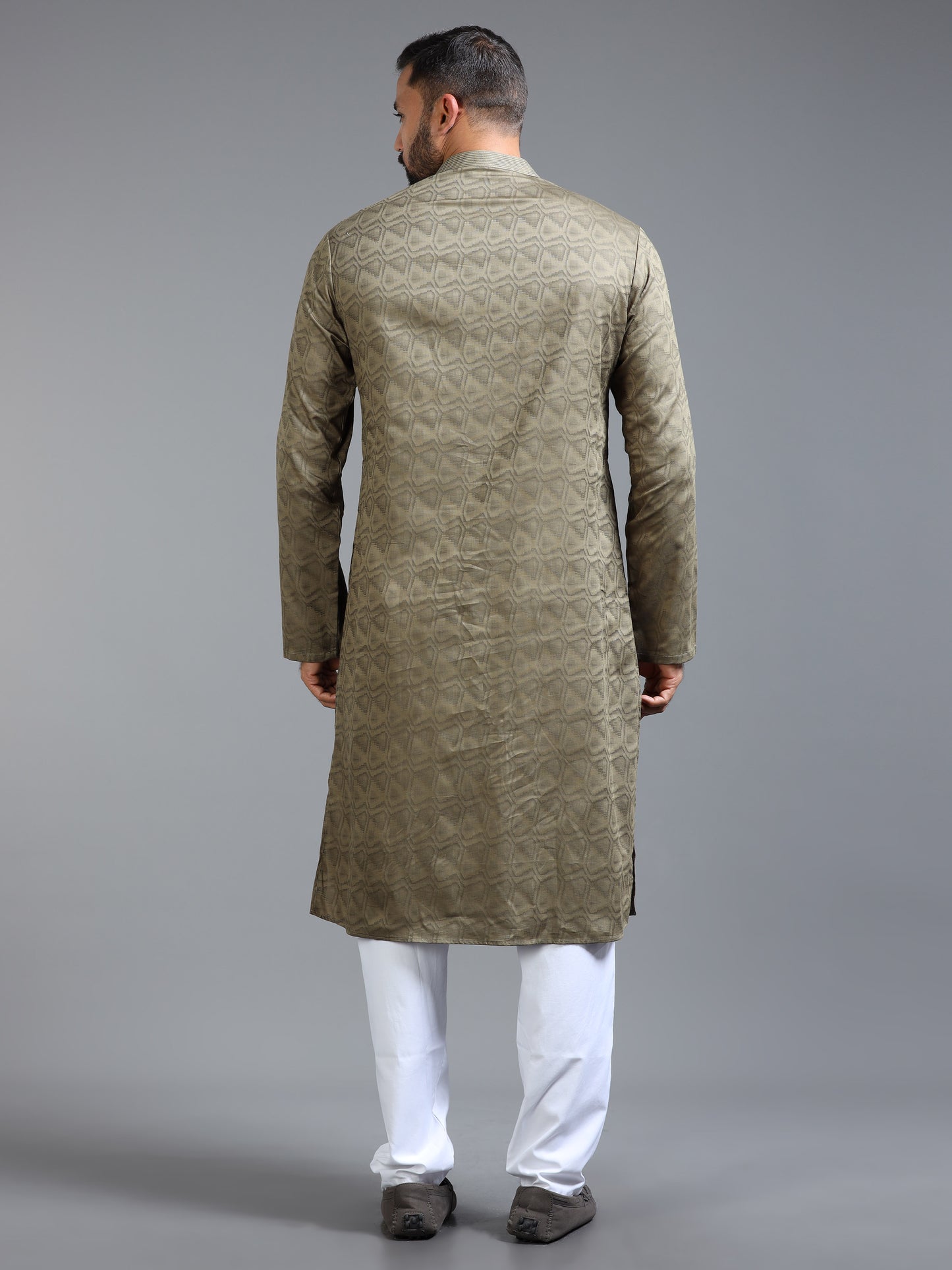 Olive Green Jacquard Kurta Set for Men with White Pyjama