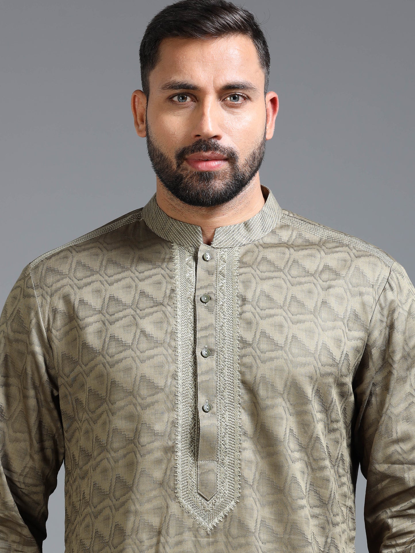 Olive Green Jacquard Kurta Set for Men with White Pyjama