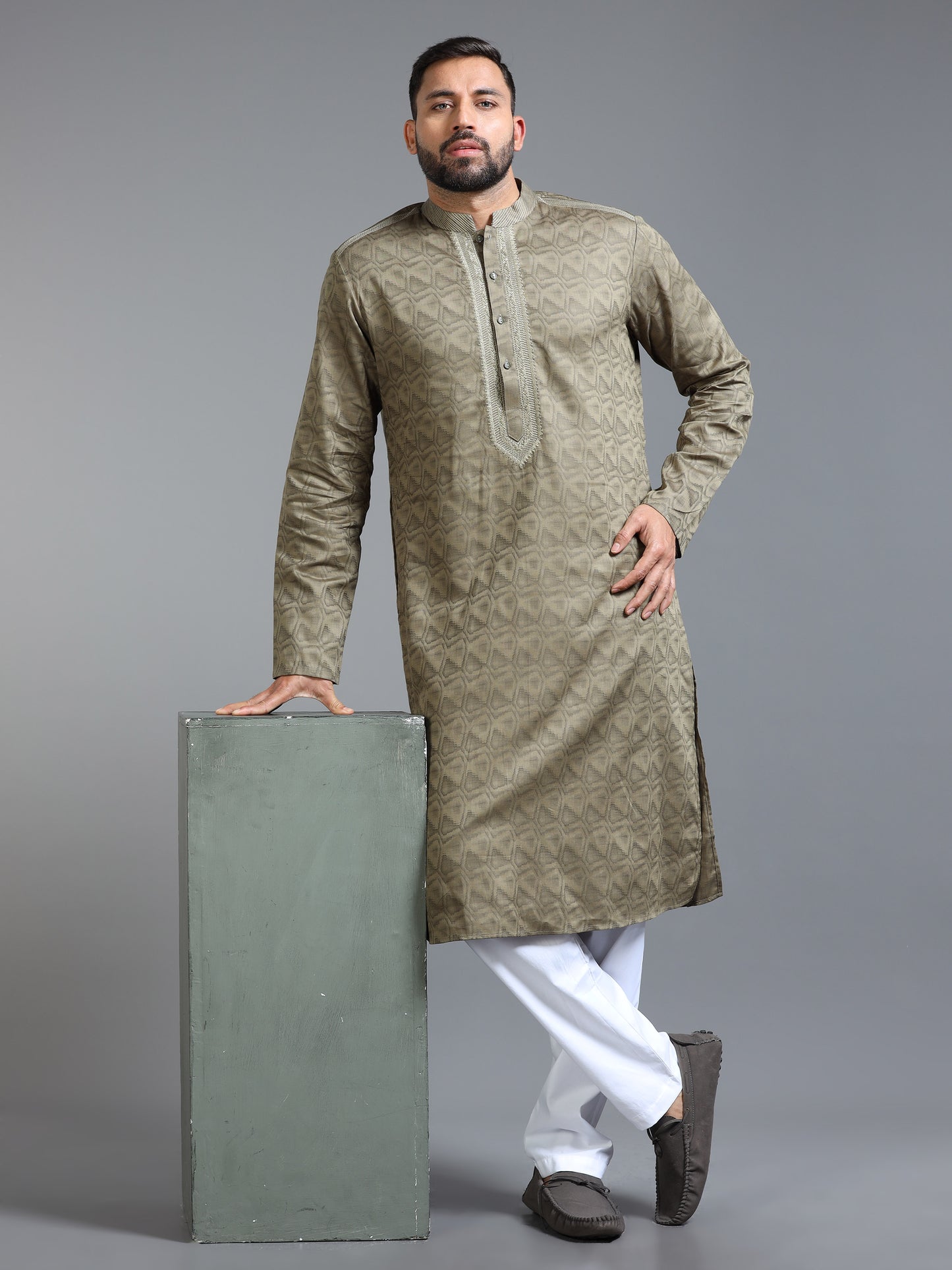 Olive Green Jacquard Kurta Set for Men with White Pyjama