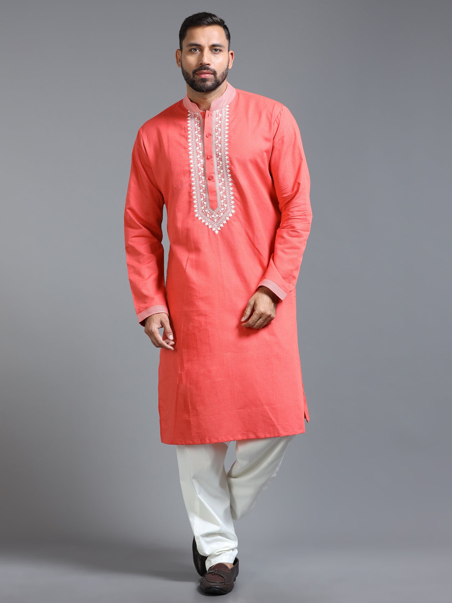 Men Coral Pink Kurta Pyjama Set with Ivory Embroidered Neck